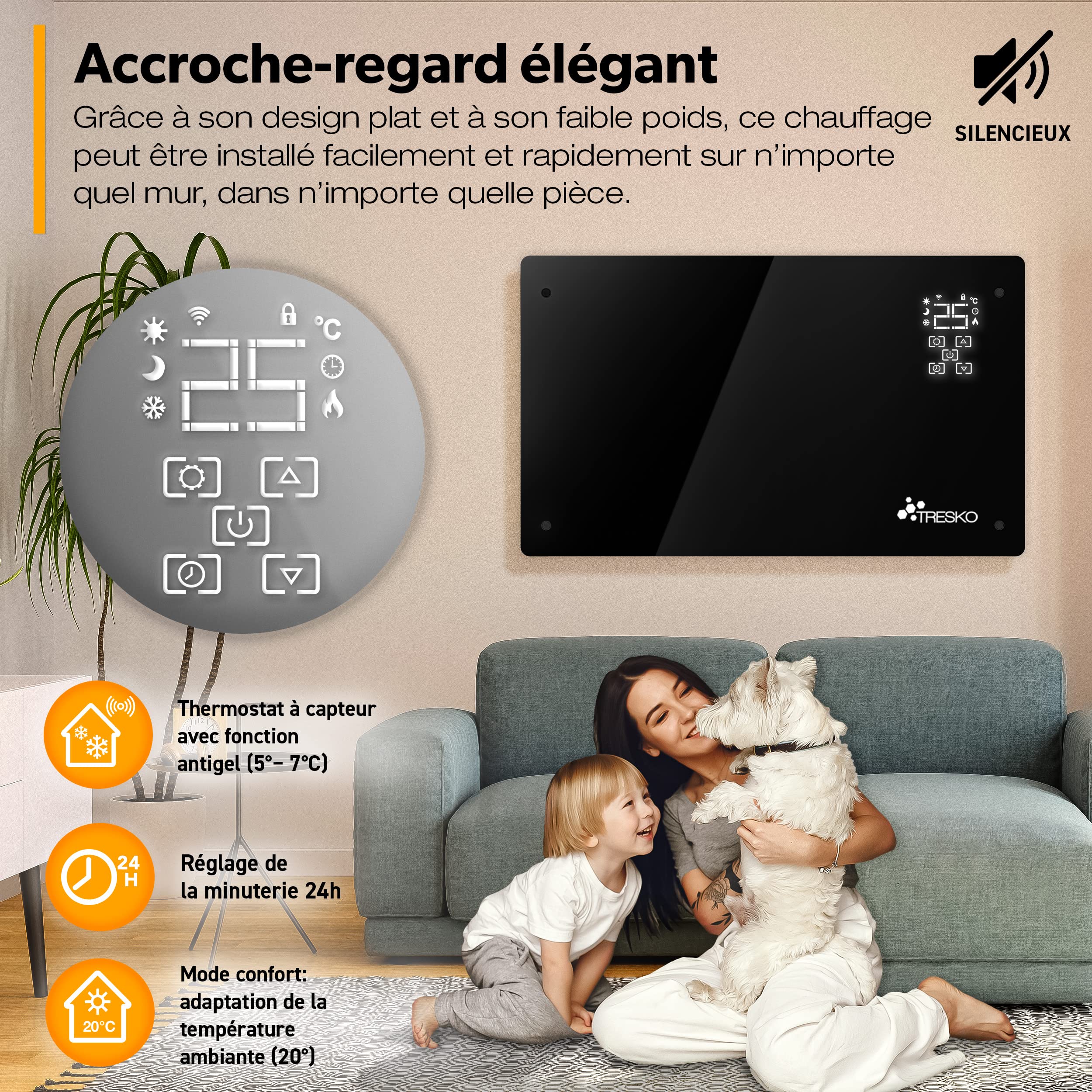 TRESKO® Radiateur Electrique Mobile avec APP & WiFi | Chauffage Electrique Mural Intelligent | Convecteur | Radiateurs Electriques chauffage au sol ou mural (Noir / 2000 W)