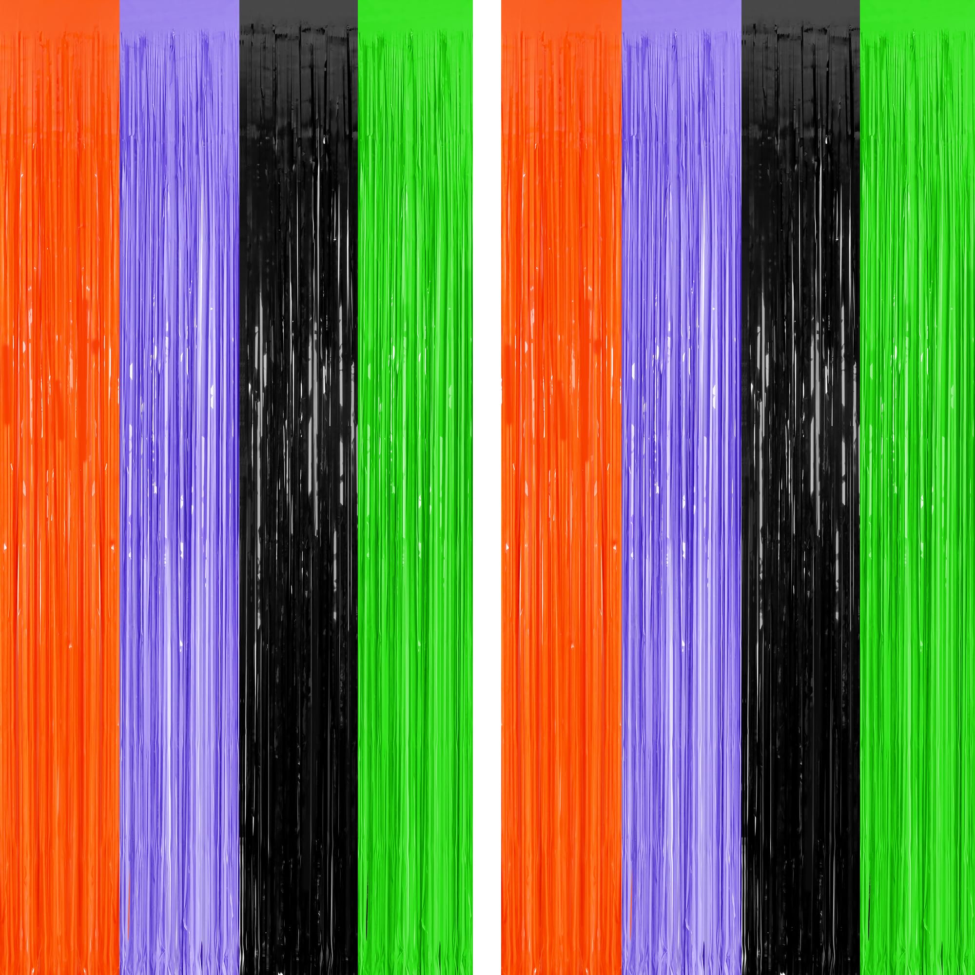 2 Pack Halloween Backdrop, 3.28 FT x 7.05 FT Orange Purple Black Green Party Streamer, Metallic Foil Curtains Tinsel Backdrop, Halloween Party Decorations Photo Props for Door Wall