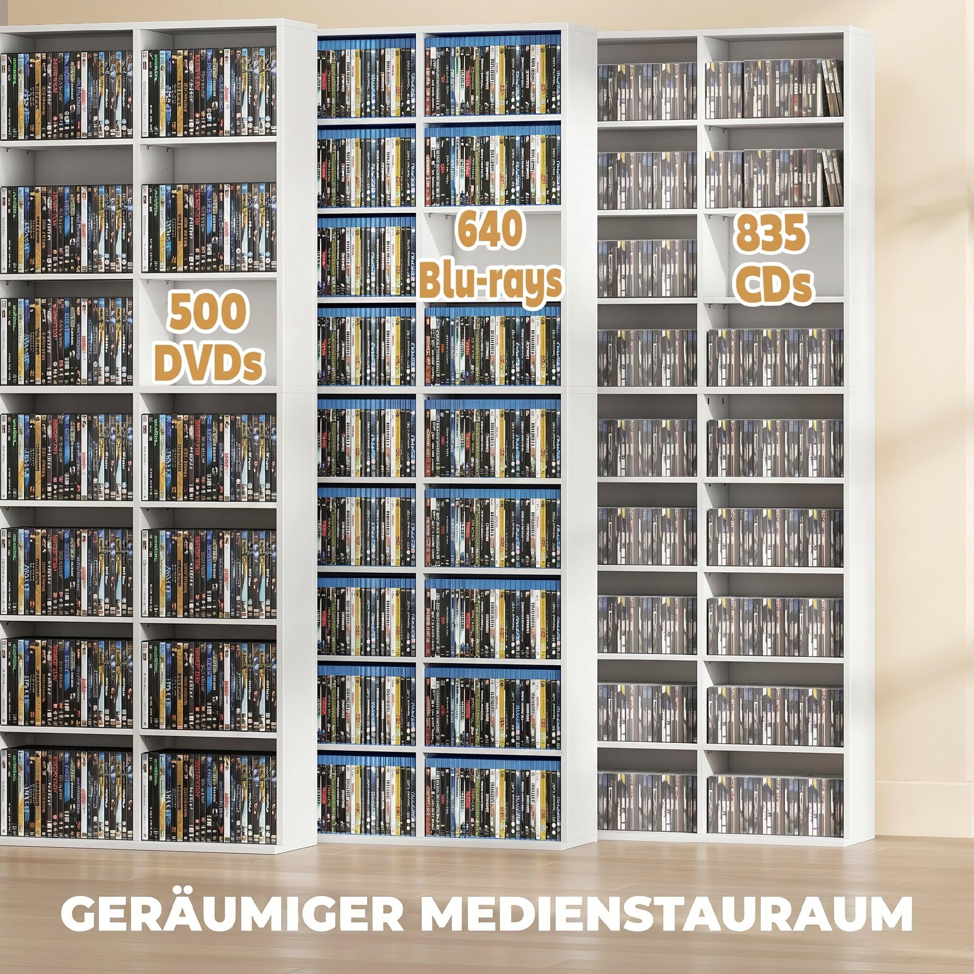HOMCOM CD/DVD-Regal für 835 CDs oder 500 DVDs, Blu-ray Medienregal, Weiß | Mit 27 Fächern, 21 Verstellbaren Einlegeböden, CD Turm, für Wohn-, Schlaf- oder Arbeitszimmer