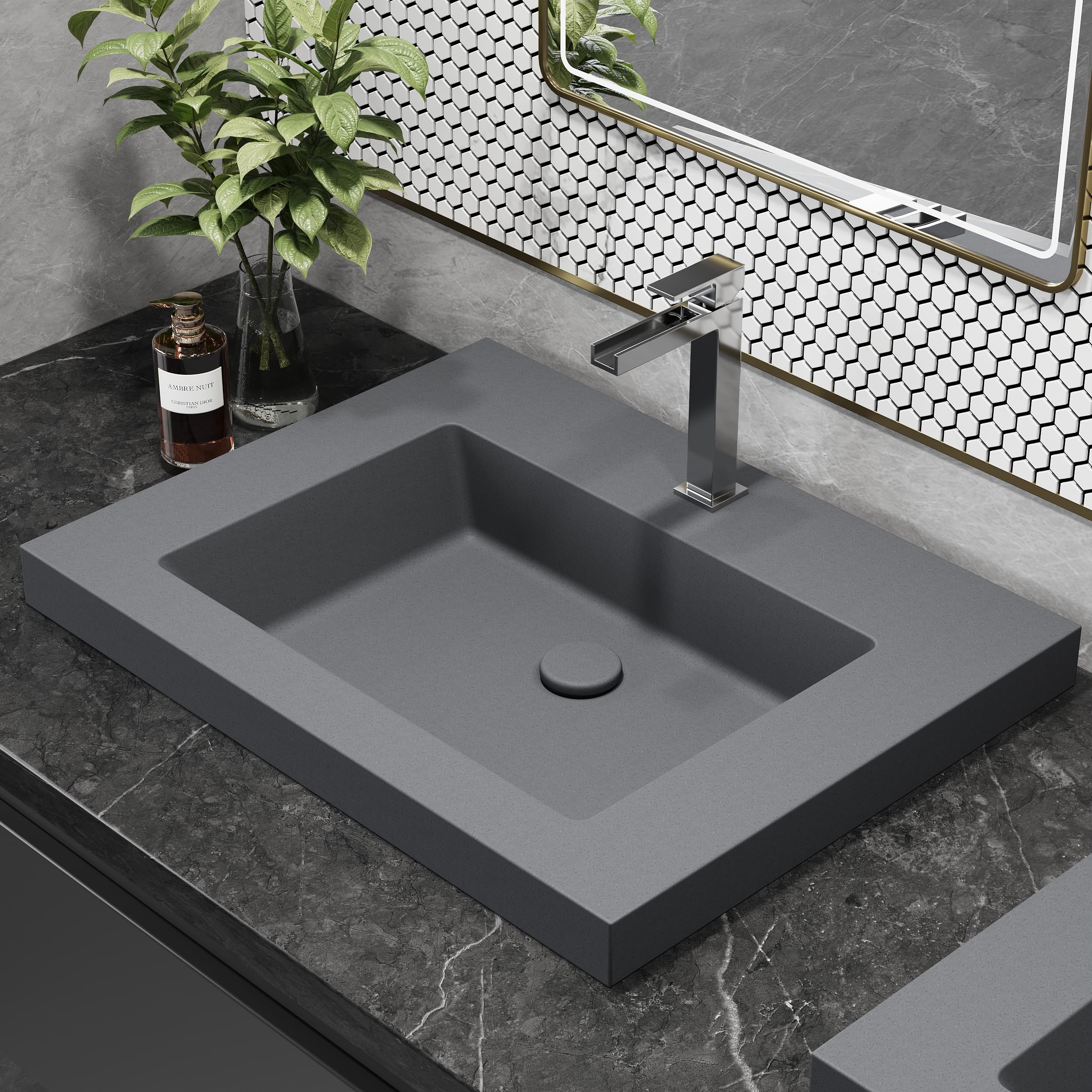 Bathroom Sink Rectangular Concrete Drop-in Sink Gray 23" – Durable Countertop Basin for Modern Bathrooms, Gray