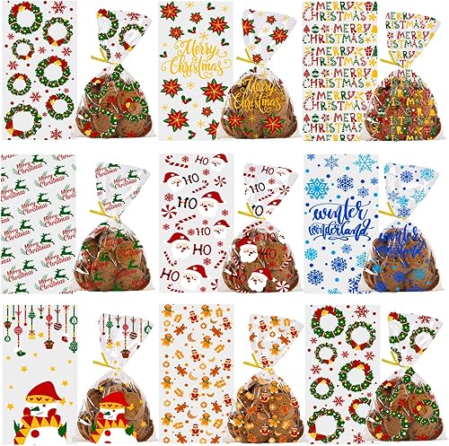 DULEFUN 160 bolsas de celofán de Navidad, 8 estilos, transparentes para dulces, galletas, golosinas, bolsas de celofán con lazos giratorios para