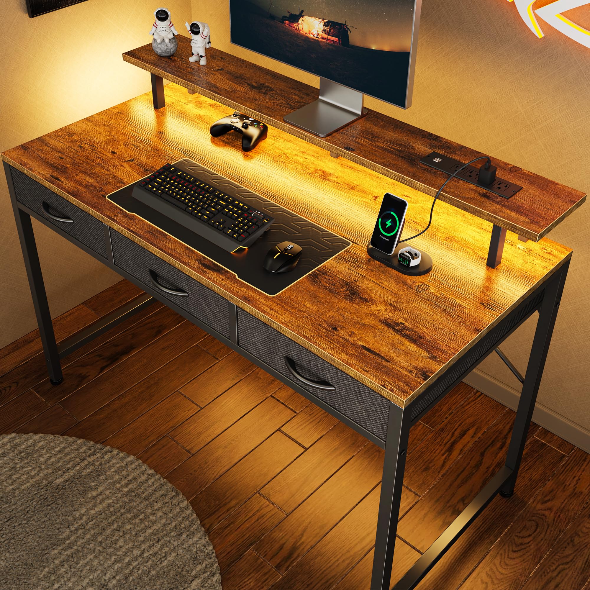 Huuger 47 inch Computer Desk with 3 Drawers, Office Desk Gaming Desk with LED Lights & Power Outlets, Home Office Desks with Storage Space for Bedroom, Work from Home, Rustic Brown