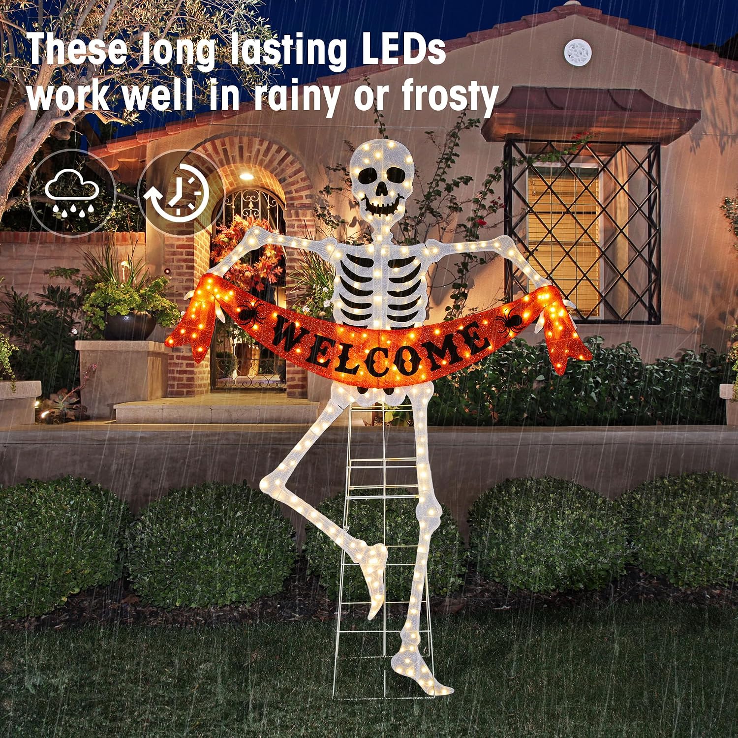 Glitzhome 7FT Lighted Halloween Outdoor Decoration, Pre-lit 2.5D Skeleton Outdoor Décor with 220 Warm White LED Lights, Light Up Outside Yard Garden Decor
