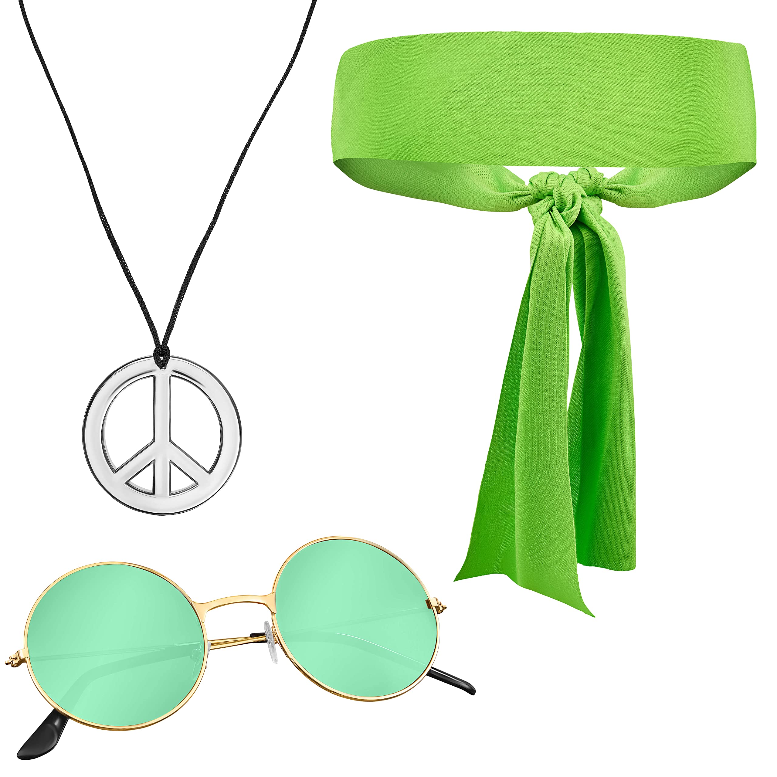 Balinco 3 Piece Hippie Set with Green Headband Peace Sign Necklace and Round Green Nickel Sunglasses