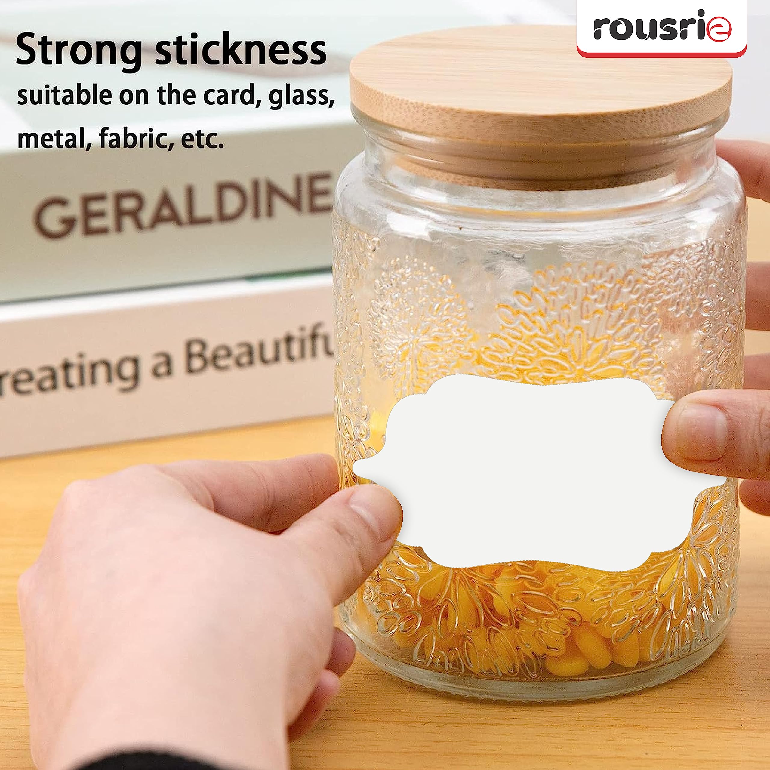 ROUSRIE Pack of 84 Reusable Waterproof White Same Shapes Mason Jars Labels Kitchen Pantry Spice Jars Glass Bottles – Best Stickers & Organizing Label with Black Marker 2