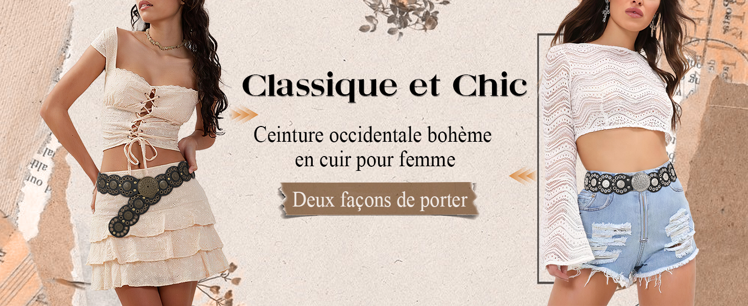 Ceinture Disco Creux Jeans Femme Boucle Métal Creux - Style Vintage 9cm Large Marron PU Ceinture Western