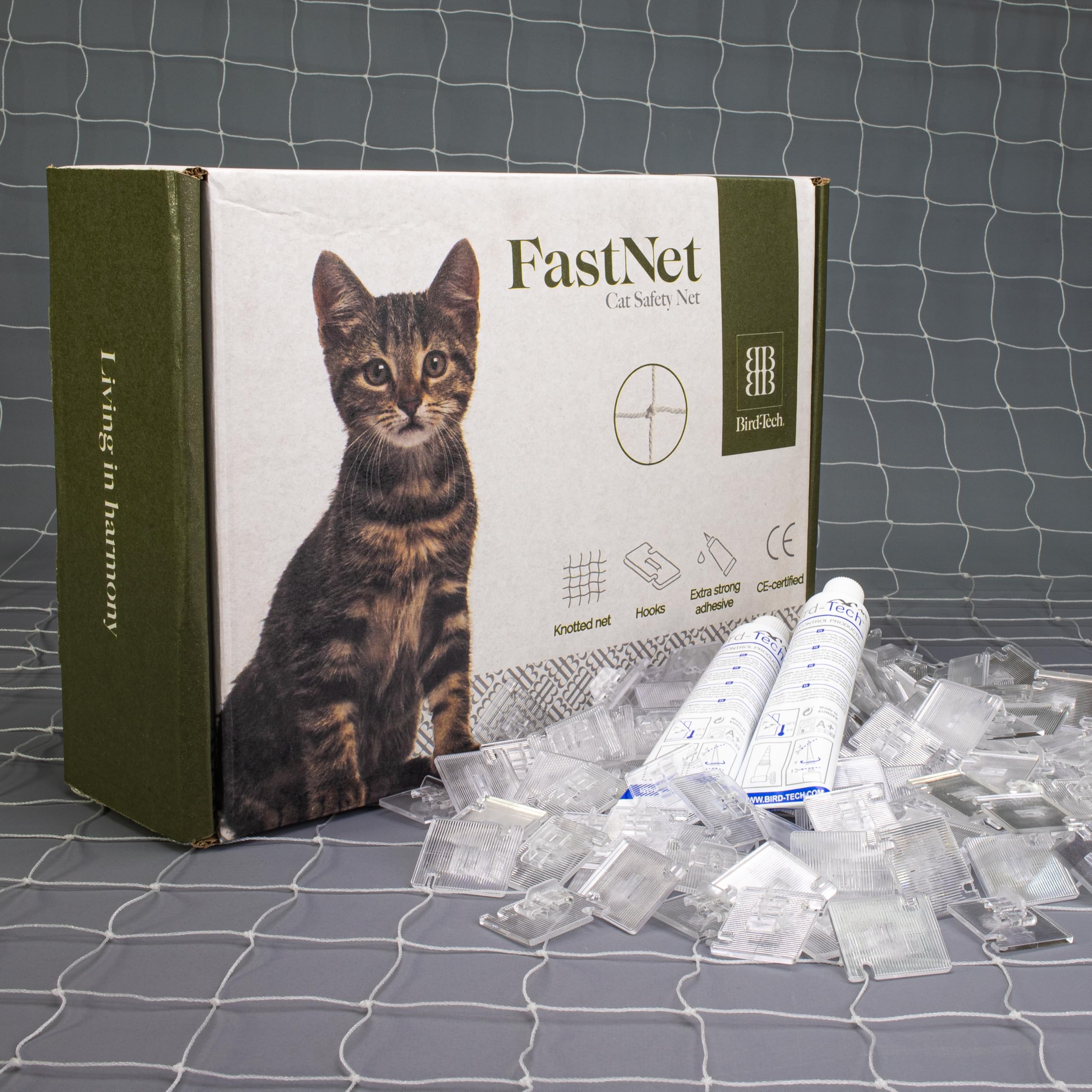 Bird-Tech TM Balkonnetz für Katzen und Vögel, Transparent, mit 100 Haken und 2 Transparent Silikon, 80 ml. (8 x 3 MTS)