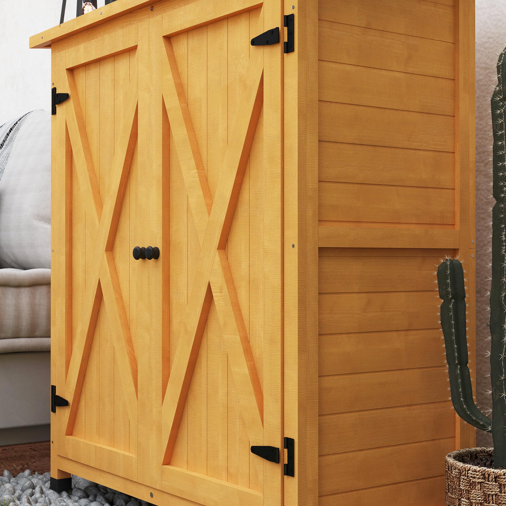 Outsunny Gartenschrank, Geräteschuppen aus Holz, Wetterfest Geräteschrank mit 2 Türen, Werkzeughaus mit Asphaltdach, Werkzeugschrank für Garten, Terrasse, 110 x 55 x 117 cm, Gelb