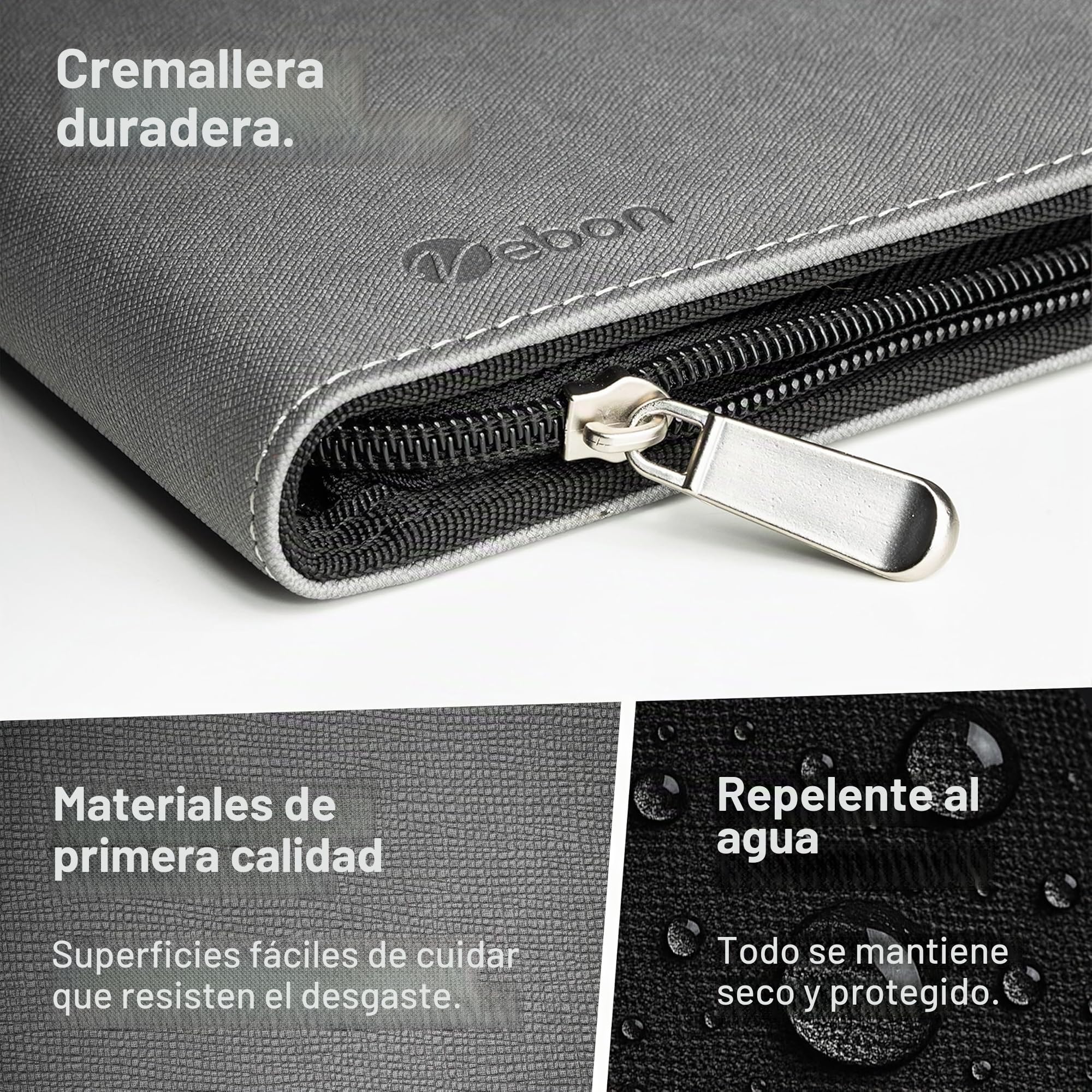 Vebon® Carpeta A4 grande "Roma" doble cremallera + portapapeles, carpeta de conferencias + bolsa para ordenador portátil, espacio extra, Negro Piel Sintética, Gris Fantasma