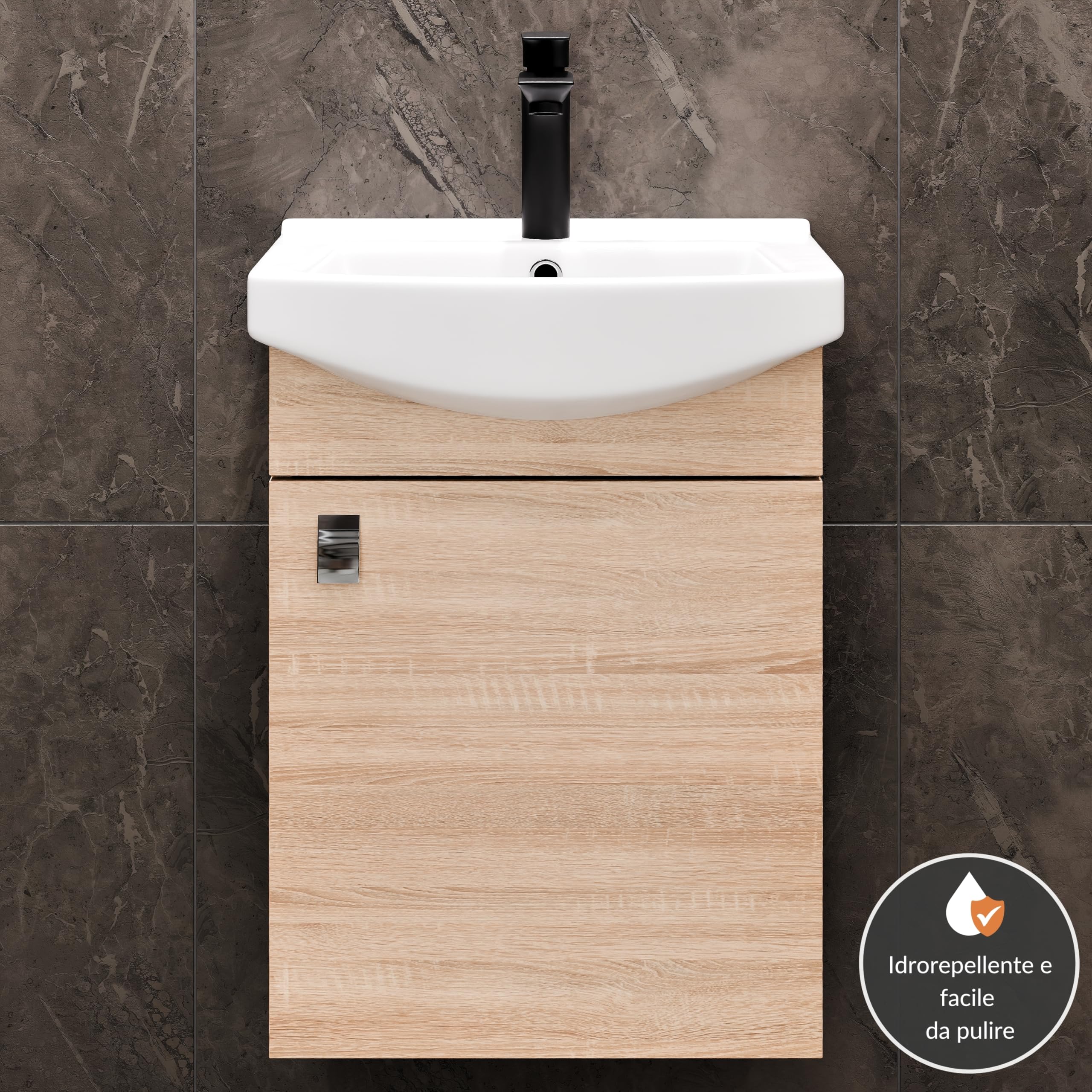 Planetmöbel Set di mobili da bagno lavabo con mobiletto 45 x 60 x 33 cm con rubinetto nero per bagno e WC ospiti, rovere Sonoma