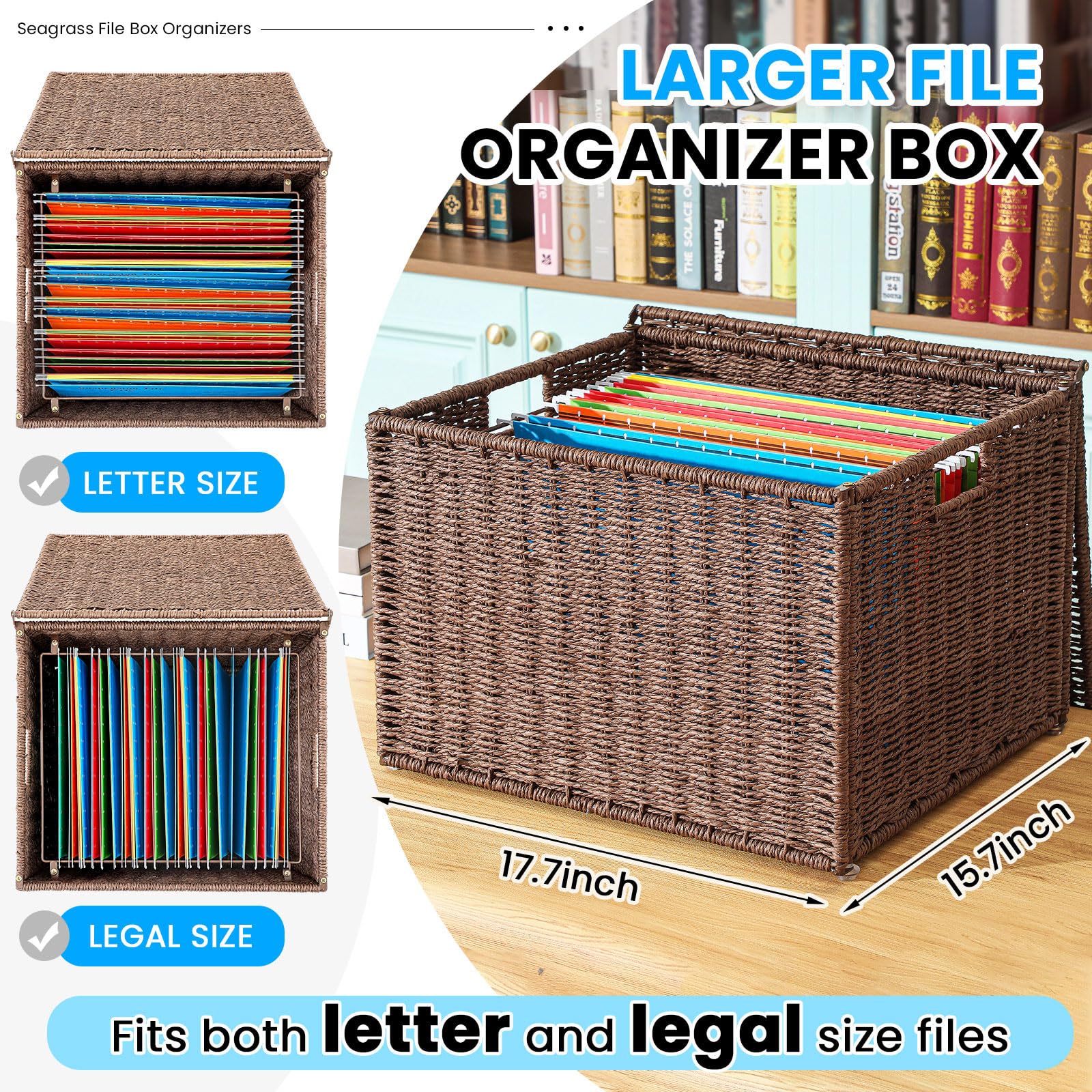 Caja de archivos decorativa extra grande de junco marino, organizadores colgantes para tamaño carta y legal, archivador colgante con tapa, caja de carpetas de documentos para decoración del hogar y la