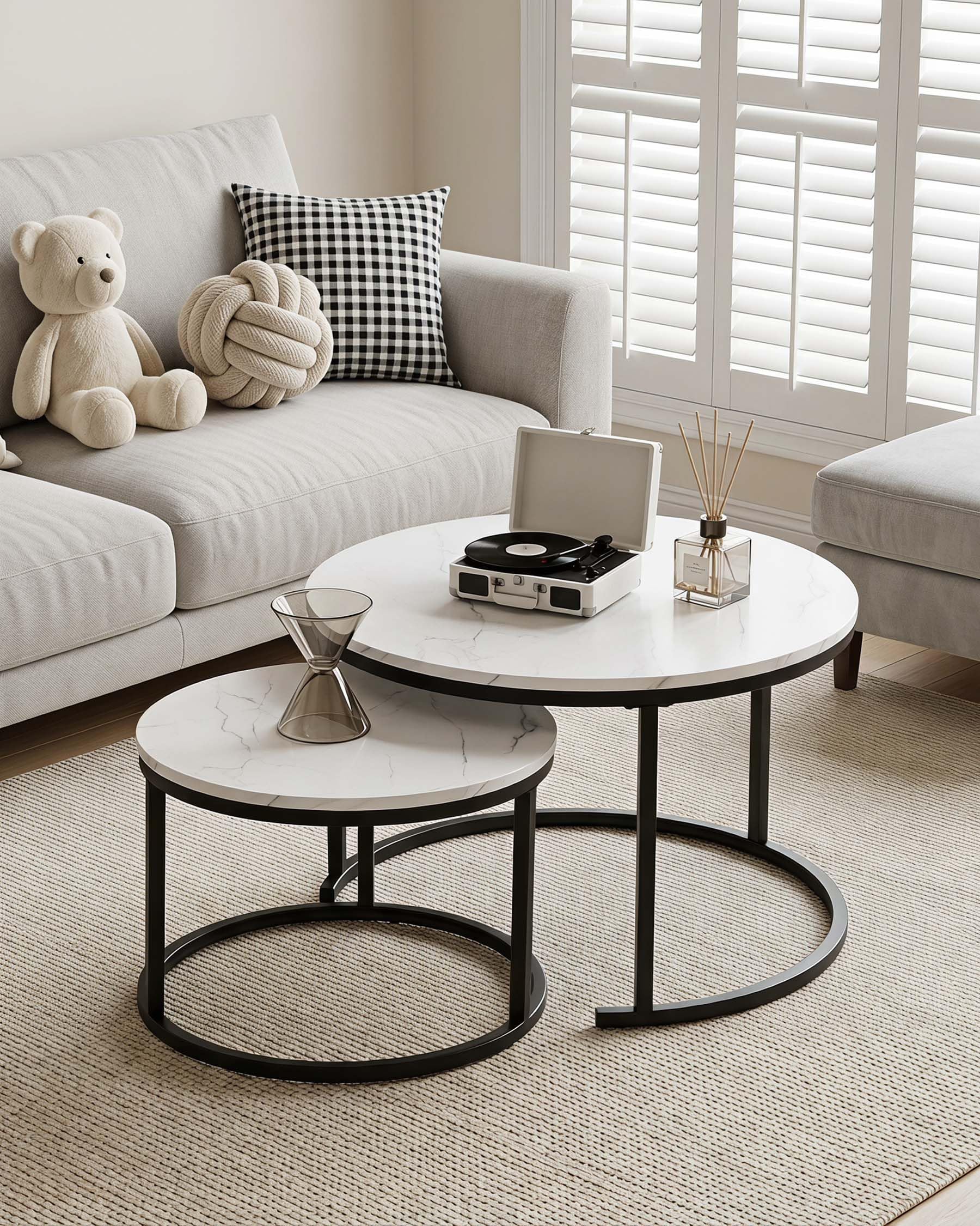 Tavolo Salvaspazio Soggiorno, Tavolino da Salotto Moderno Bianco, Tavolino Salotto Rotondo Bianco con effetto marmo 2 pezzi, Coffee Table