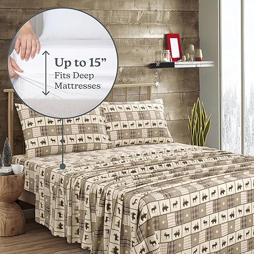 Miniatura 3 de Lodge & Linen Juego de sábanas de franela tamaño King  Algodón, pesado, franela suave aterciopelada  Sábanas de franela de bolsillo profundo