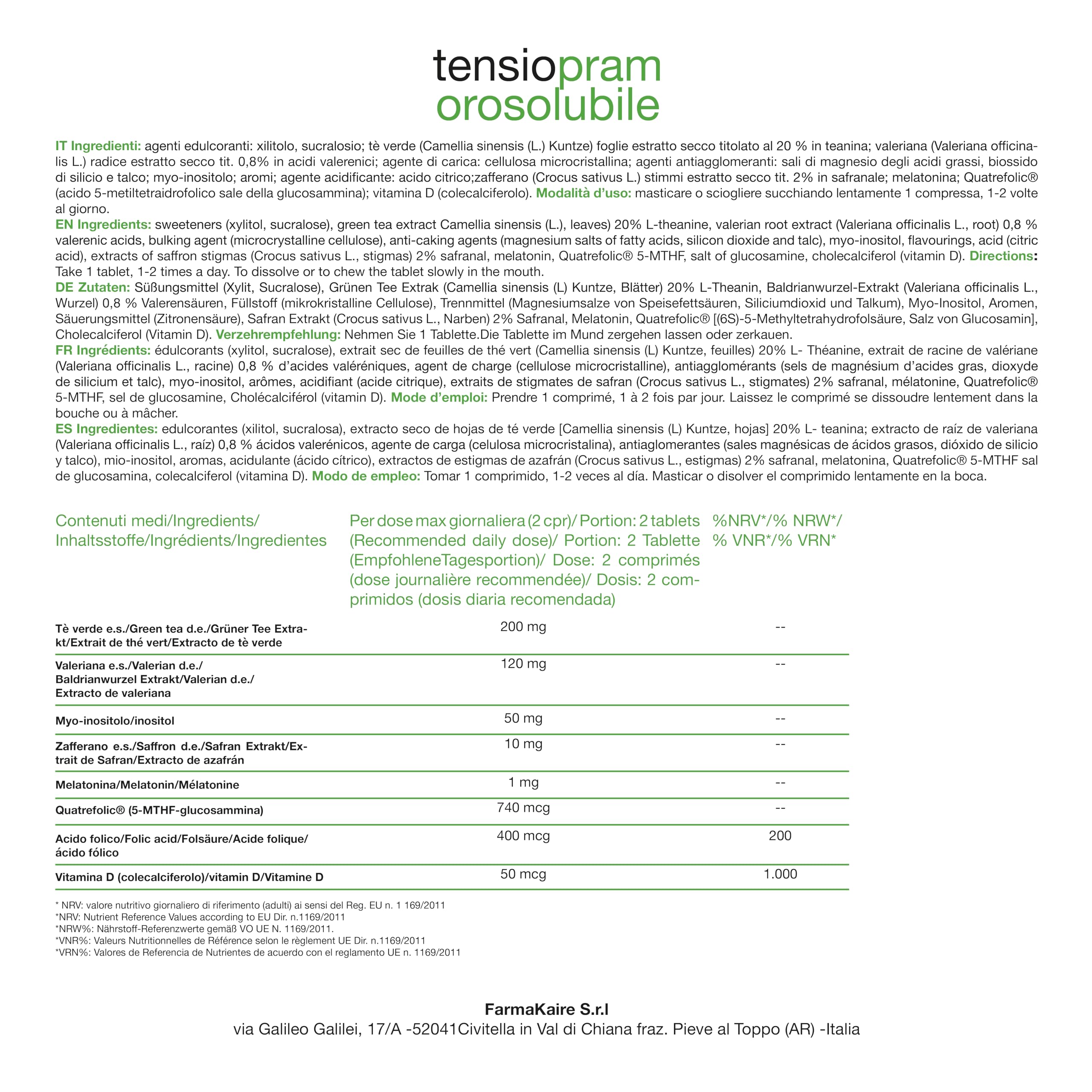 Tensiopram 60 compresse sublinguale, Naturale a Base di Valeriana, 1mg Melatonina, tè verde, zafferano Vit. D, Quatrefolic® e Myo-inositolo, per Ansia, Stress, Sonno e Umore, Vegan