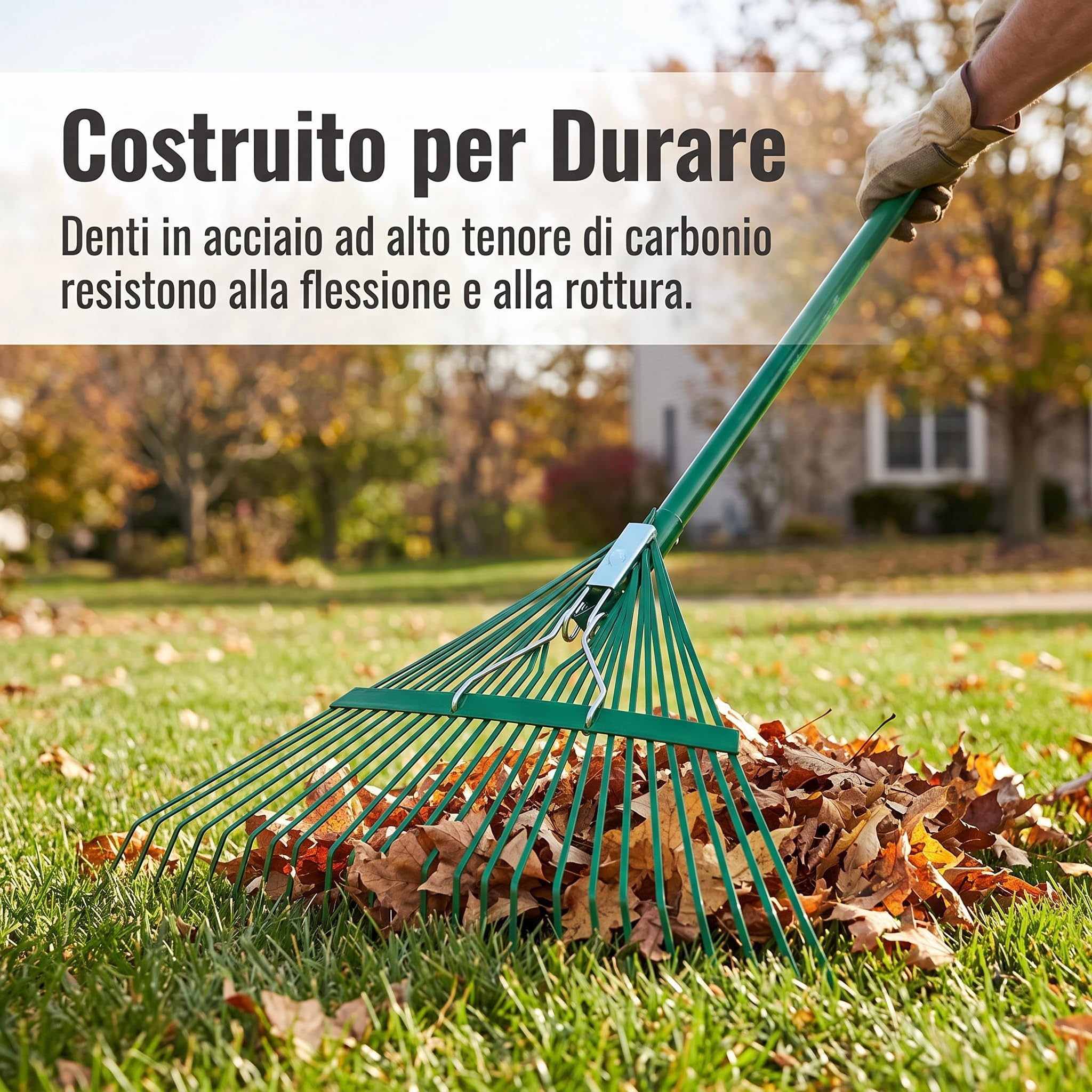 Rastrello Giardino 24 Denti in Metallo con Manico da 1.2m per Foglie e Pulizia Prato