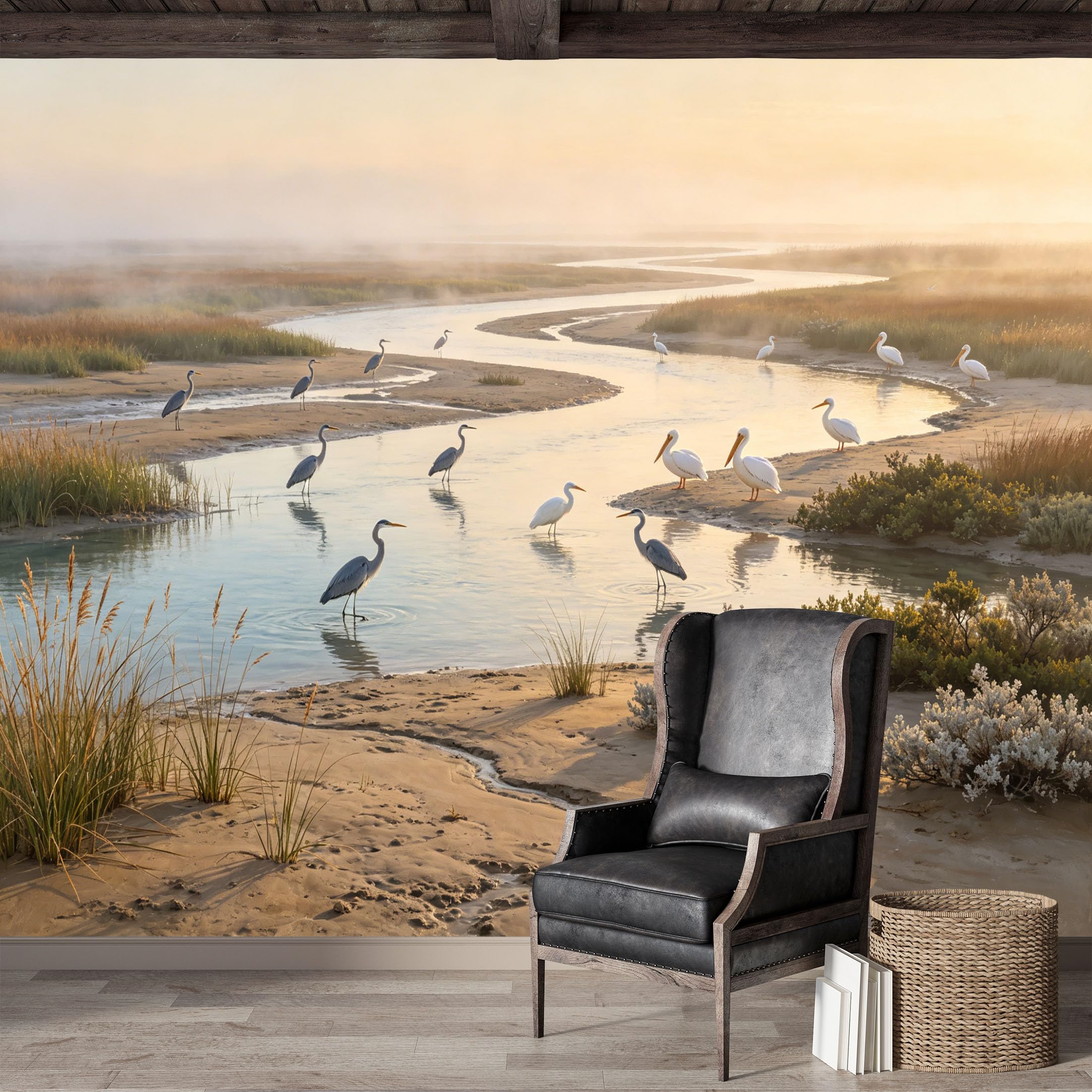 Custom Size Wall Mural,Serene Coastal River Heron Pelican Landscape Premium Water Activated SelfAdhesive Wallpaper,Removable Wall Covering,Easy DIY Install Wall Art for Indoor Home Decor