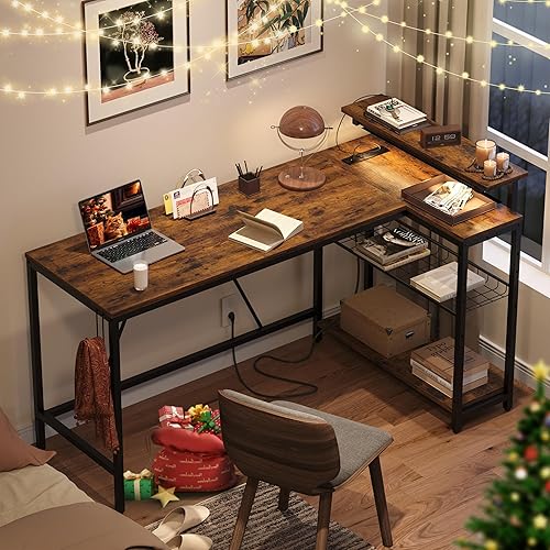 Miniatura 8 de Bestier Escritorio en forma de L de 58 L con tomas de corriente, escritorio esquinero para oficina en casa con estantes reversibles y luces LED,