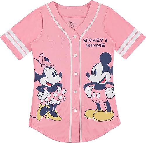 Disney Camiseta de béisbol de Mickey Mouse con botones para mujer, diseño de Mickey y Minnie Mouse