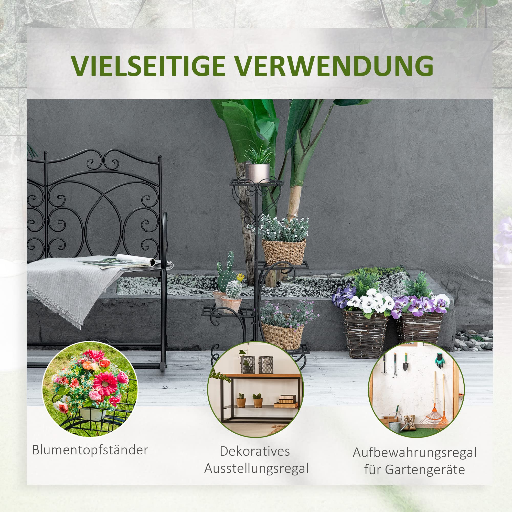 Outsunny Blumenständer 4 Ebenen Pflanzenregal Outdoor 45x24,5x80 cm | Blumenregal aus Metall, Blumentreppe, Innen & Außen, Garten, Balkon, Schwarz
