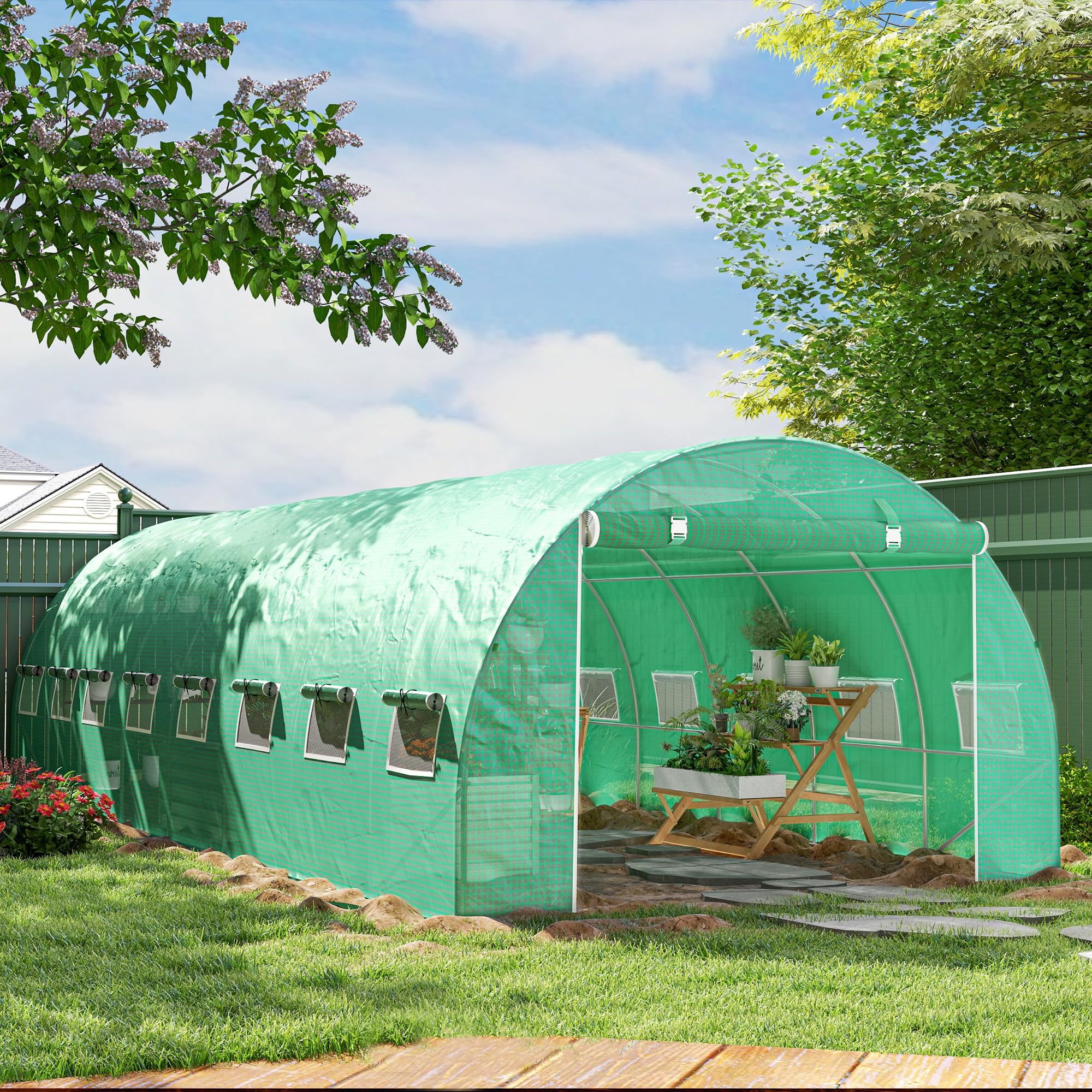 Outsunny Serre de Jardin Tunnel 24m² 8L x 3l x 2H m 16 fenêtres Porte zippée Enroulable châssis Tubulaire Acier galvanisé bâche PE Haute densité Vert