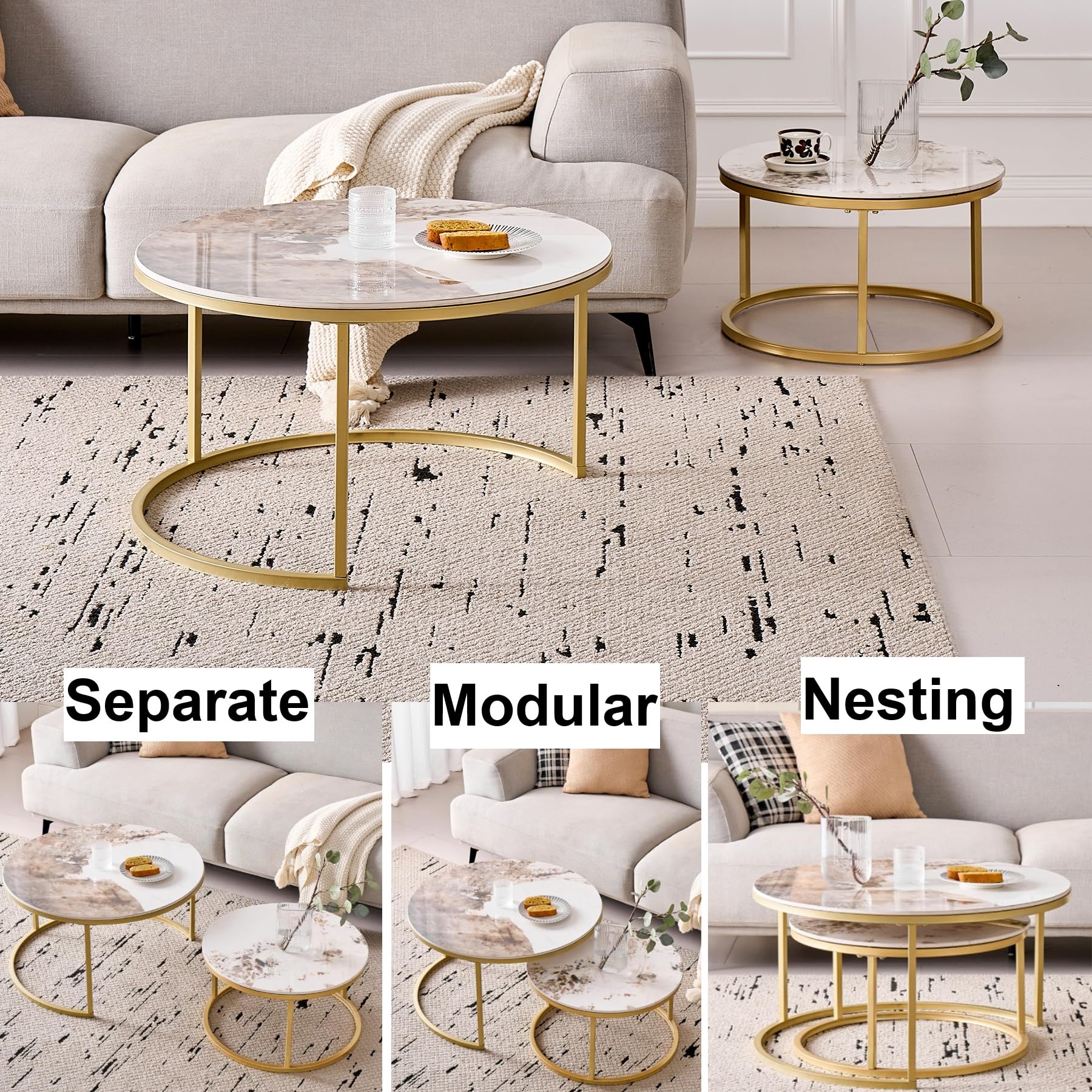 Juego de 2 Mesas Auxiliares Redondas (Encimera de Gres Porcelánico, no MDF), Mesas de Centro Apilable para Salón, Dormitorio, Balcón (Pandora/Oro) 70 * 70 * 45cm+50 * 50 * 35cm