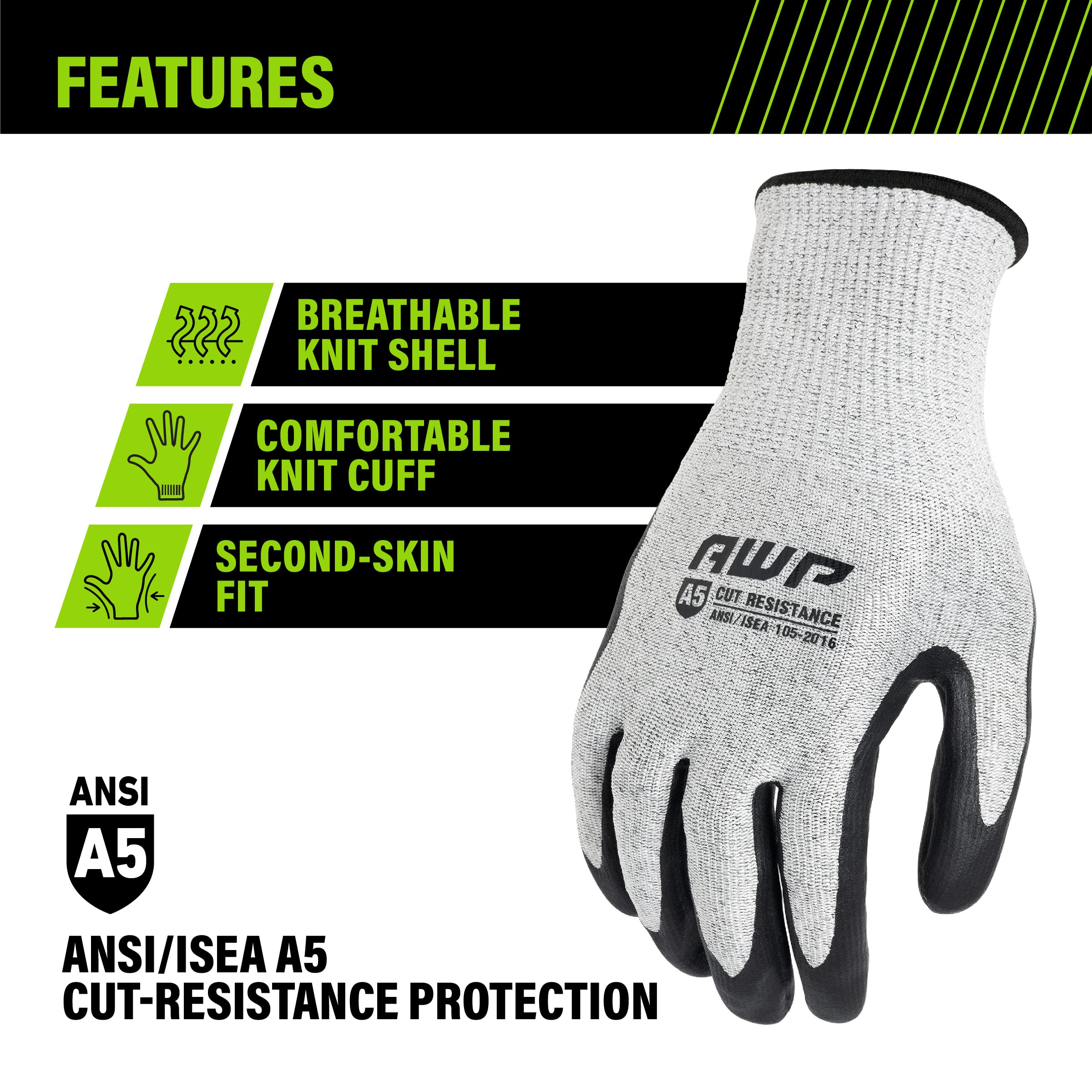 AWP Guantes de trabajo resistentes al corte, guantes de trabajo ANSI A5 de nivel de corte, blanco, para hombre, grande, 1 par, 49242-26