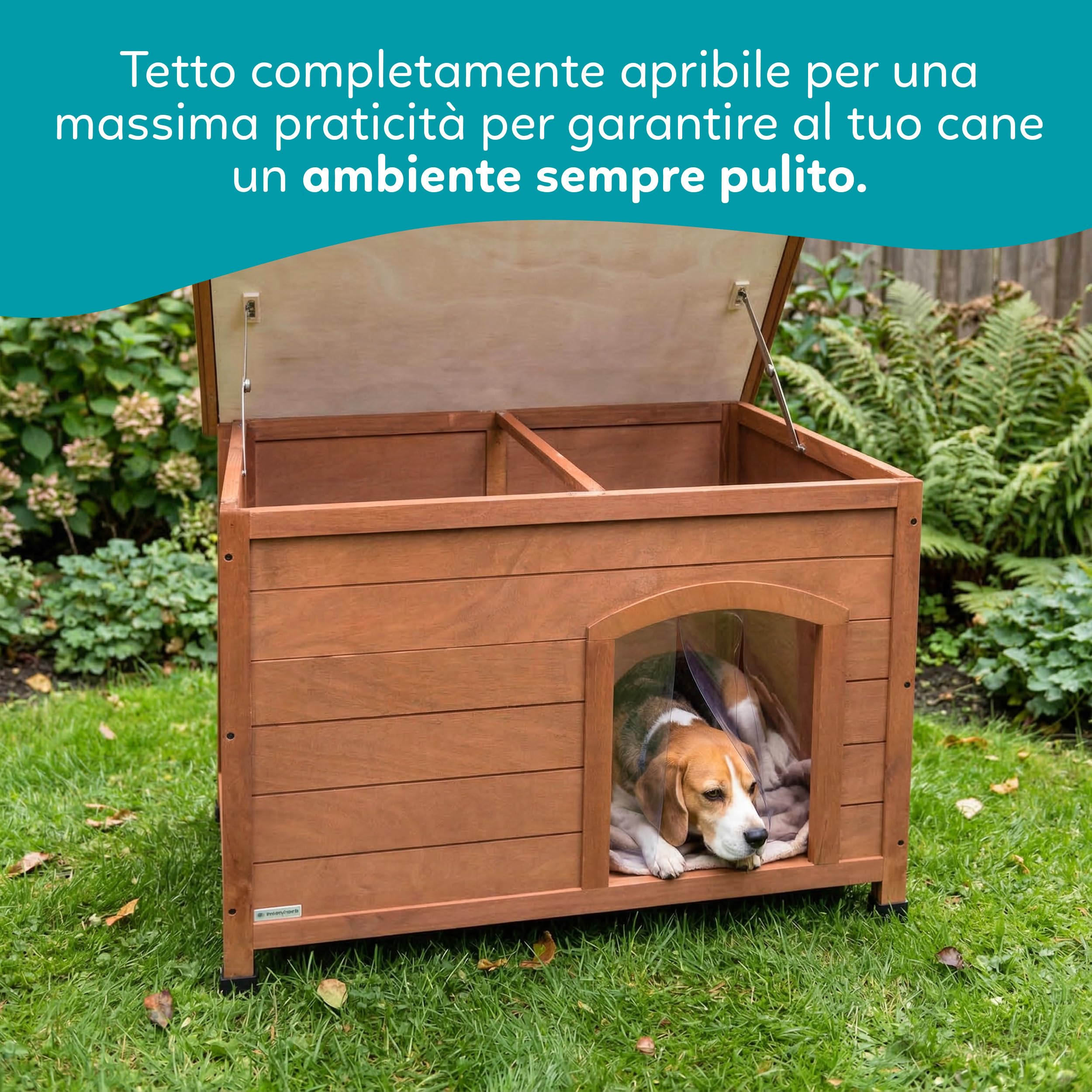 AqpetFriends Baita Cuccia in Legno da Esterno per Cani con Tetto Apribile e Tende Termiche incluse, Medium 104x68x75 h