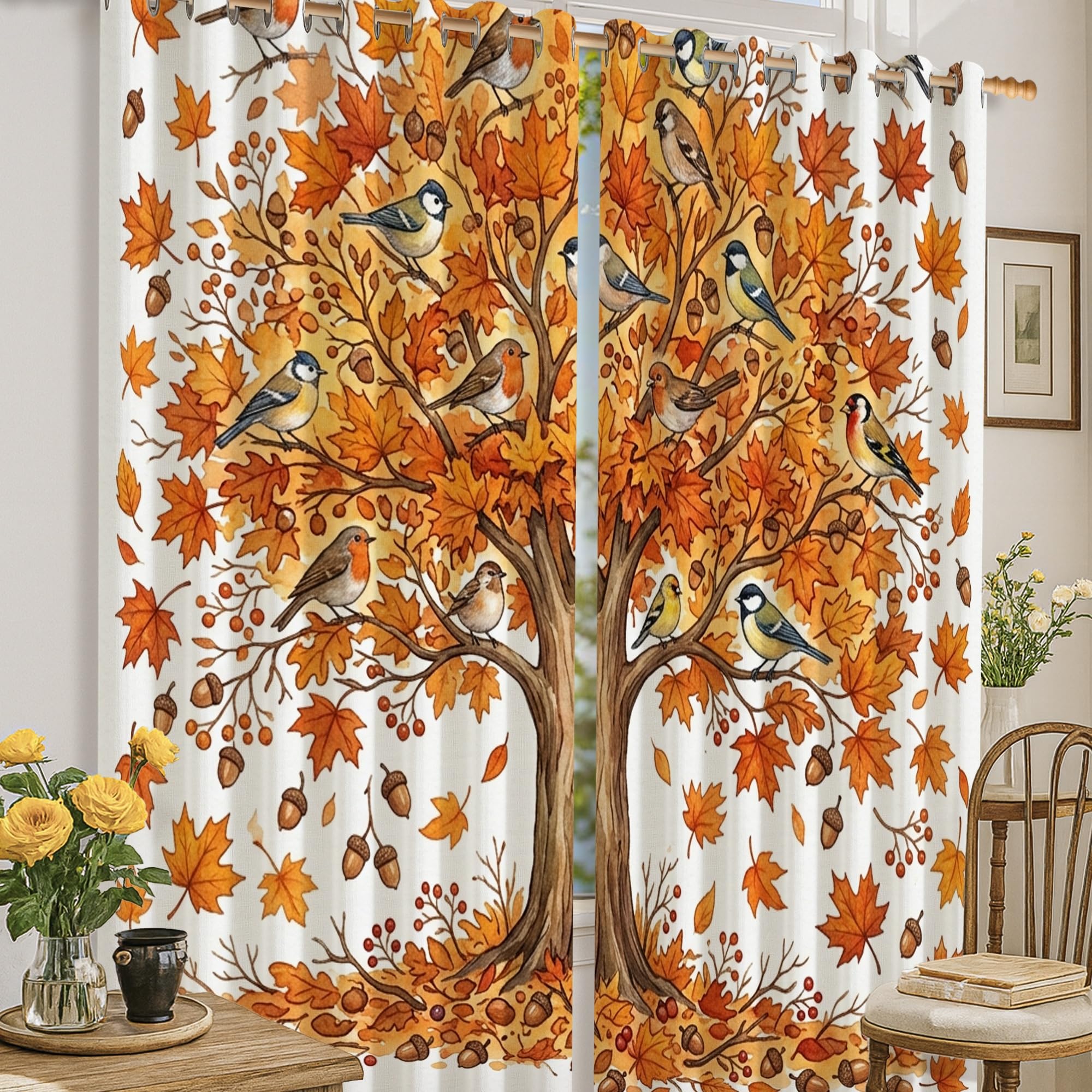 Rideaux occultants pour chambre au motif d'arbres et feuilles orange automne