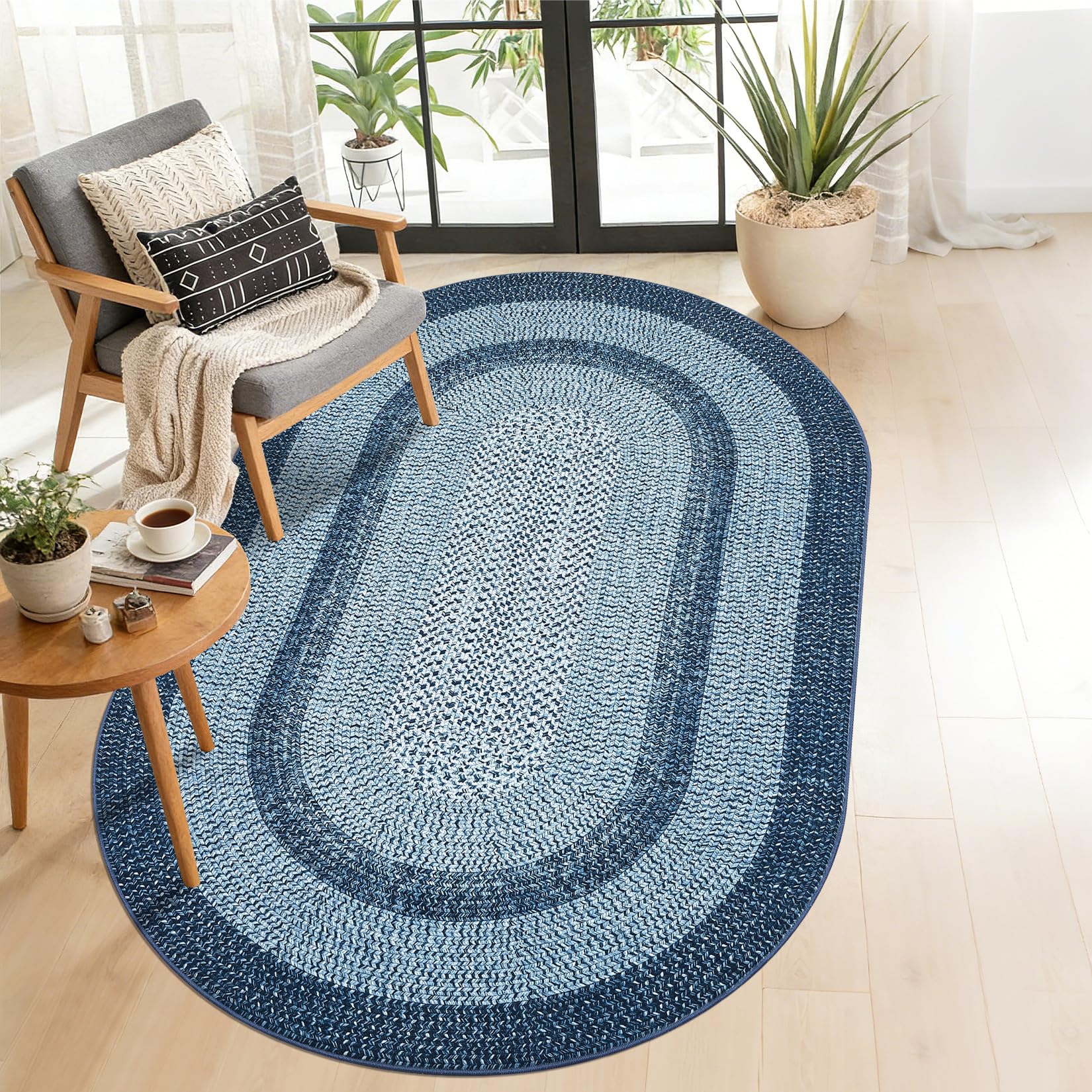 Photo 1 of **USED - MINOR DAMAGE**
5x8 Oval Living Room Area Rug Washable Modern Border Bedroom Bedside Area Rugs Non Slip Low Pile Dining Room Oval Throw Carpet Contemporary Rugs for Living Room Kitchen Nursery, Blue