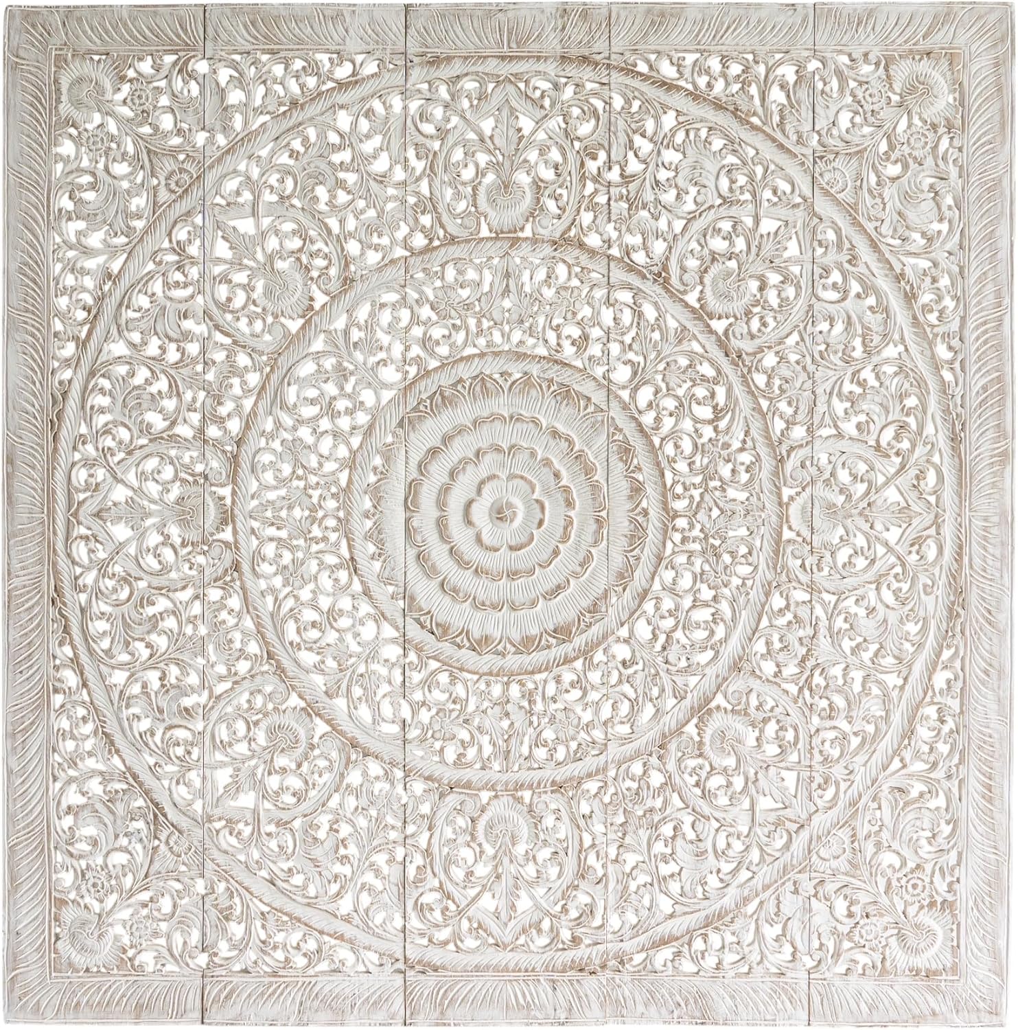 Queen Size Wooden Bed Headboard, Thai Wood Carving Beach House Decor, Weathered White, 60 inches