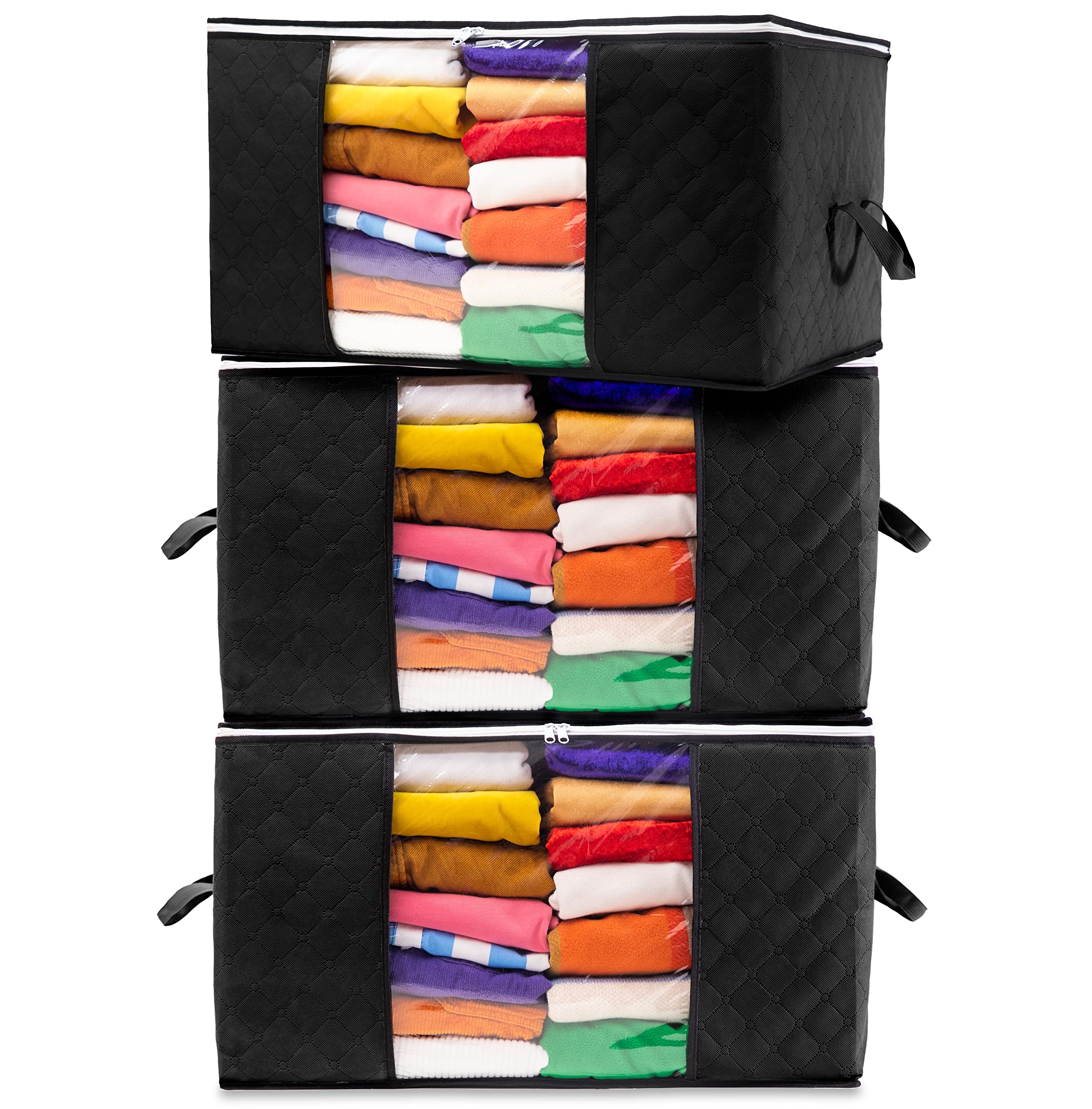Large Clothes Storage Bags – Sturdy Fabric Closet Organiser – Foldable Storage Solution for Closet or Underbed – Storage Bin with Reinforced Handles – 3pcs, Black 90L Capacity