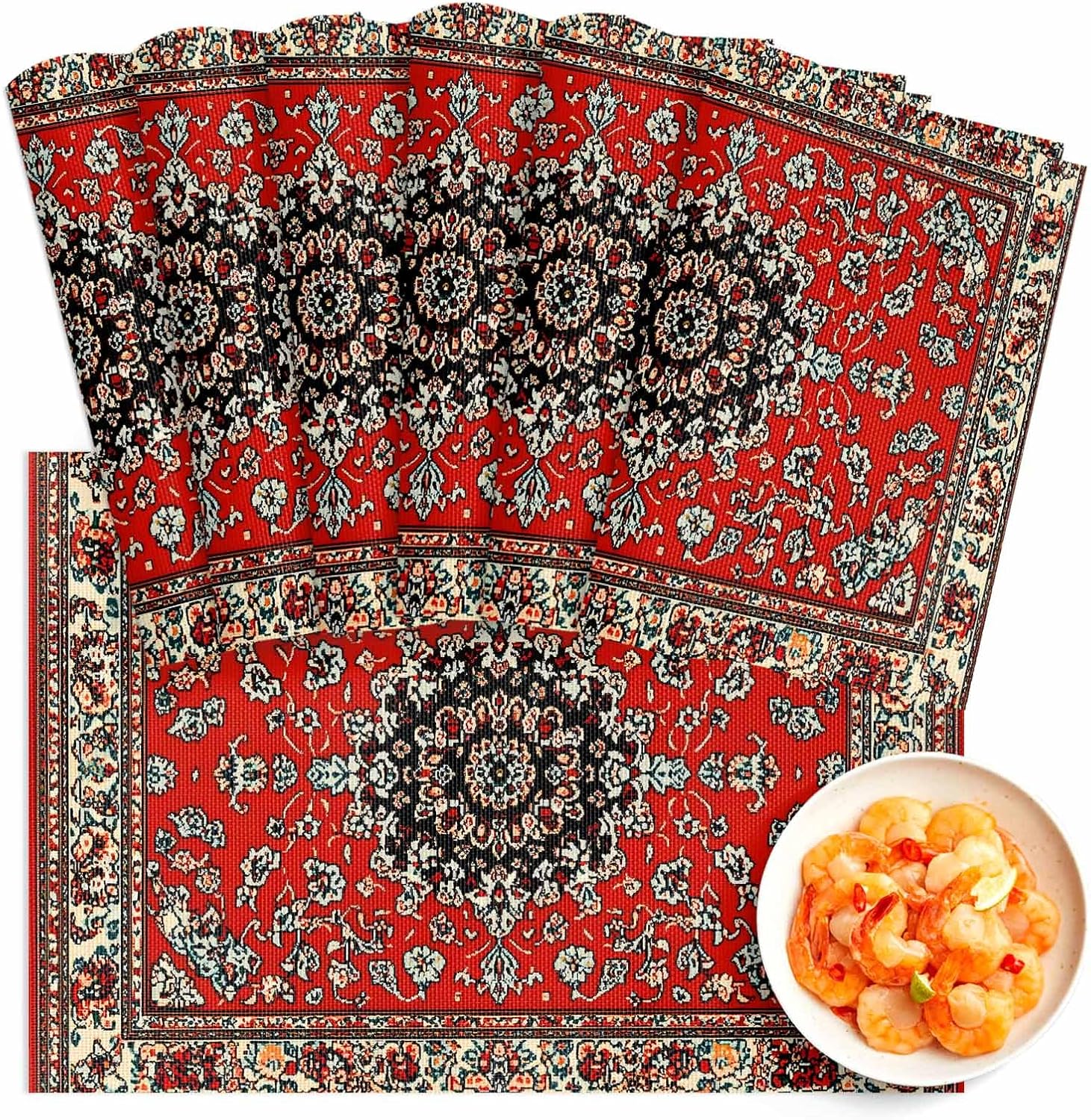 Abstract Red Placemats for Dining Table Set of 6,Washable PVC Table Place Mats,Woven Vinyl Plastic Placemat,Dinner Table Placemats Holiday Décor Vintage Distressed Traditional Oriental Boho Tribal