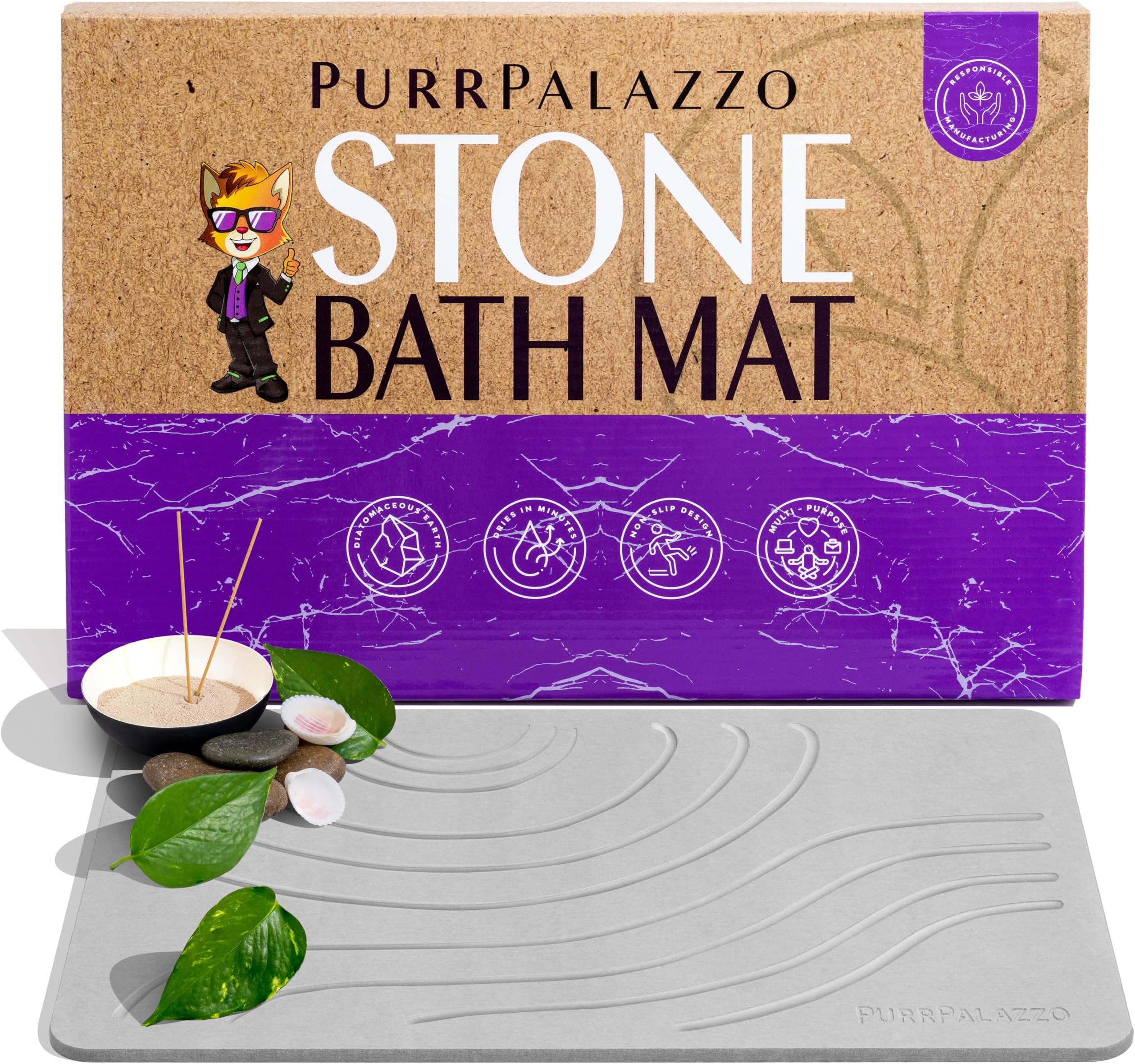 Premium Shower Stone Bath Mat with Stone Caddy, Bathroom Stone Mat Quick Dry, Super Absorbent Non Slip Diatomite Earth Shower Mat, Innovative Quick Drying Mat for Bathtub Floor Light Gray