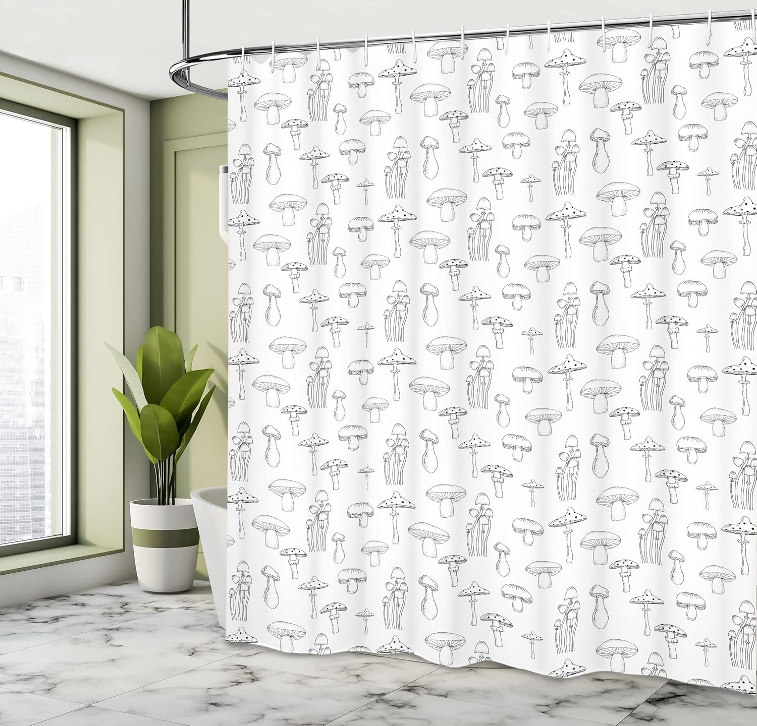 Ambesonne Mushroom Shower Curtain, Pattern with Different Mushrooms Doodle Style Monochrome Display Garden Print, Cloth Fabric Bathroom Decor Set with Hooks, 69" W x 75" L, White and Black