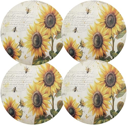 Miniatura 2 de Retro Sunflowers Bees PVC Placemat, Heat Resistant Non Slip PVC Placemats Set of 4 Wipeable