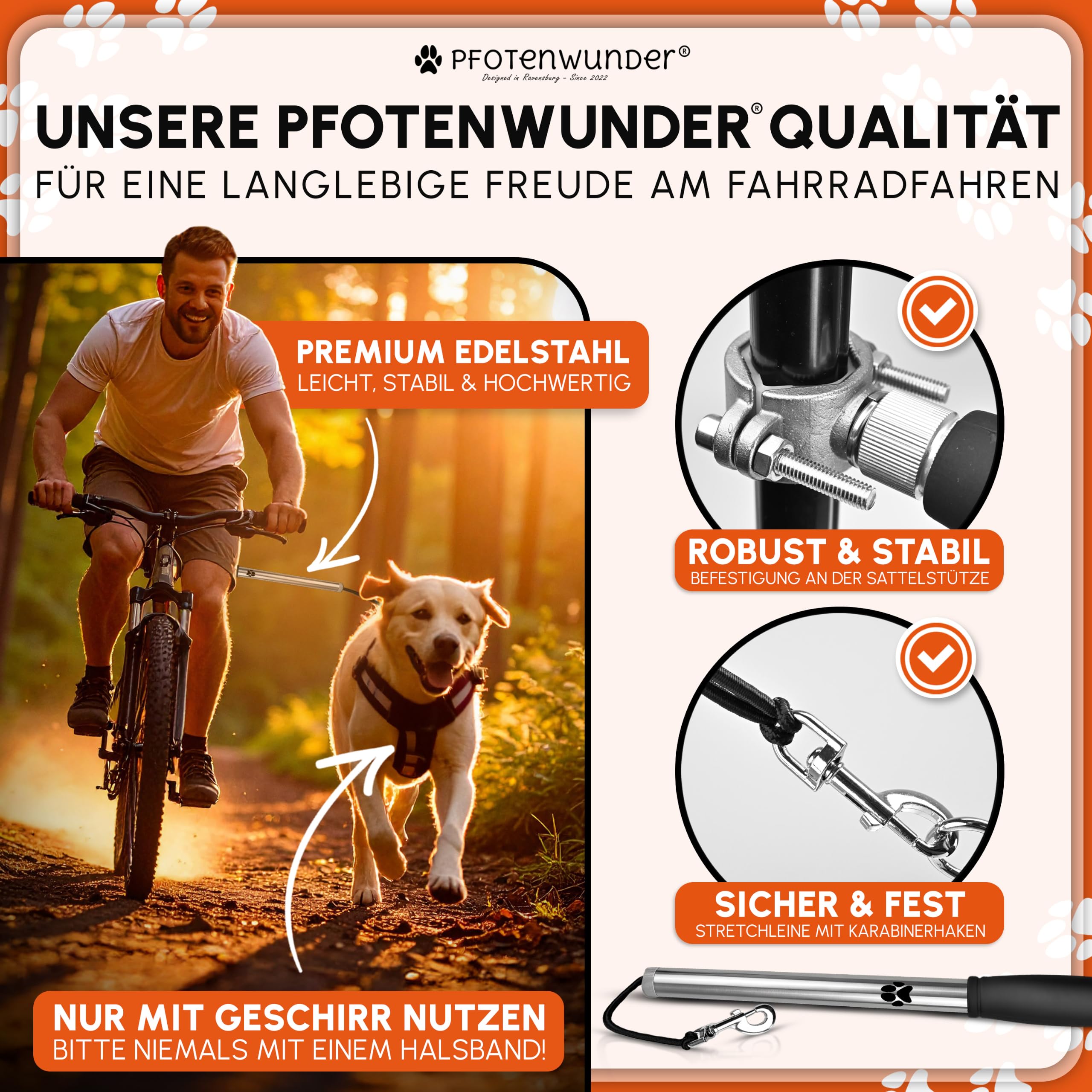 PFOTENWUNDER® Hunde-Fahrradleine + 1 elastische Hundeleine & 1 Trainingsbuch, extra Dicke 6mm-Leine | Abstandhalter Fahrradhalter aus hochwertigem Edelstahl mit Stoßdämpfern
