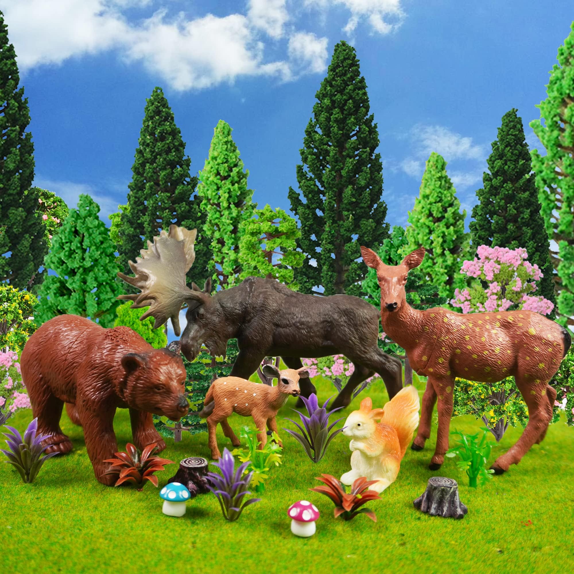 SKYCOOOOL 40 PCS Woodland Animals Figures Model Trees, 5 Pcs Animal Toy Figurines and 35 Pcs Mixed Plastic Trees Forest for Woodland Cake Toppers Decorations Birthday Party Supplies