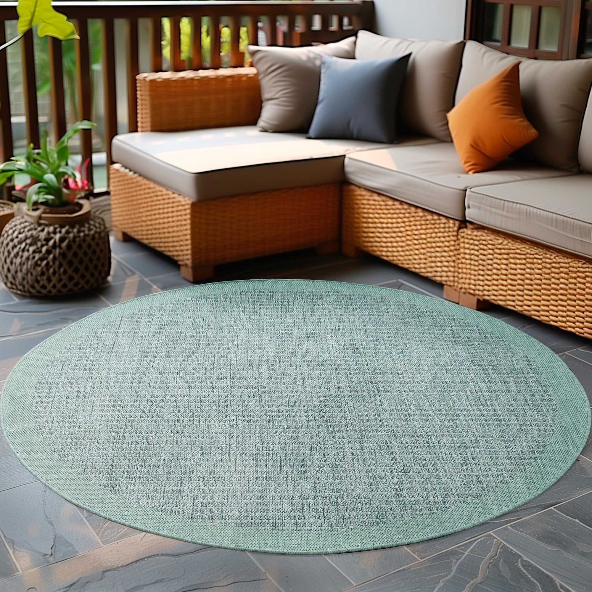 Carpetsale24 Alfombra Exterior Interior Resistente a la Intemperie, Impermeable 120 cm Redonda Azul - Alfombra de Cocina de Tejido Plano, Unicolor - Alfombras Exterior para Balcón, Terraza y Jardín