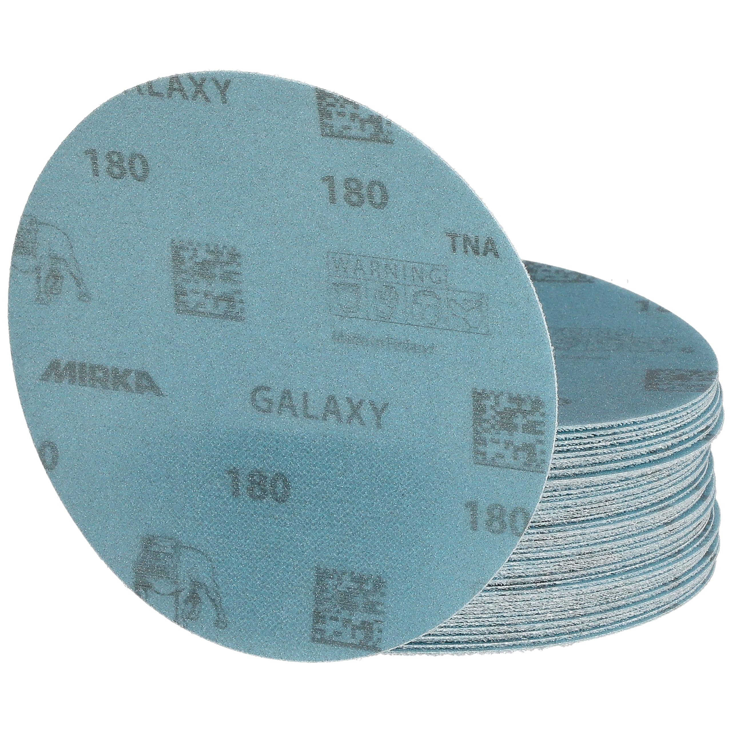 Mirka GalaxySandpaper - Carta abrasiva da 125 mm, grana 180, 50 dischi/confezione, con gancio e anello, abrasiva di alta qualità per resina epossidica, legno, metallo, tecnologia anti-intasamento e