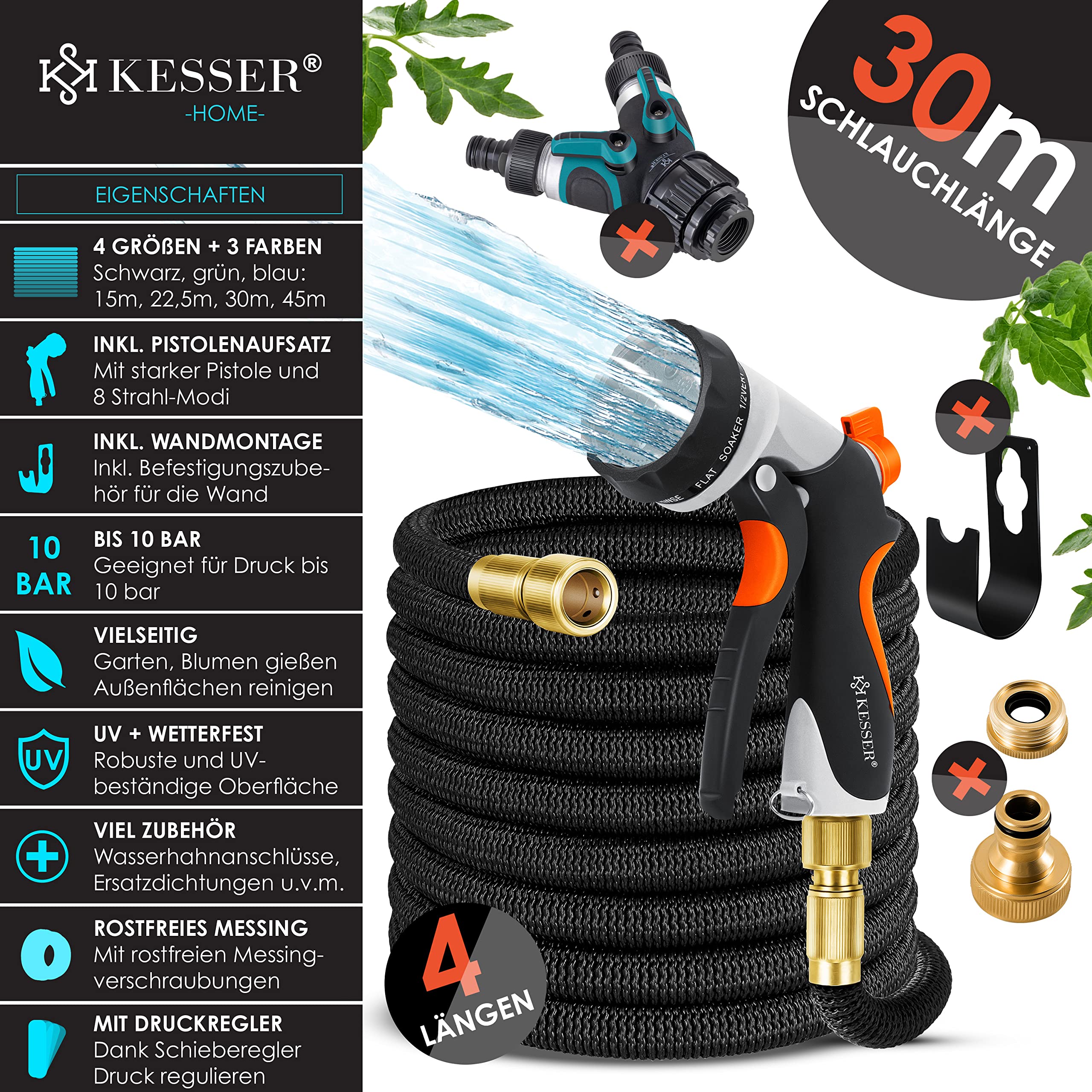 KESSER® Tubo da giardino flessibile di alta qualità, allungato, con supporto a parete, tubo flessibile con nucleo in lattice a 3 scomparti, tubo flessibile flessibile, viti in ottone di alta qualità
