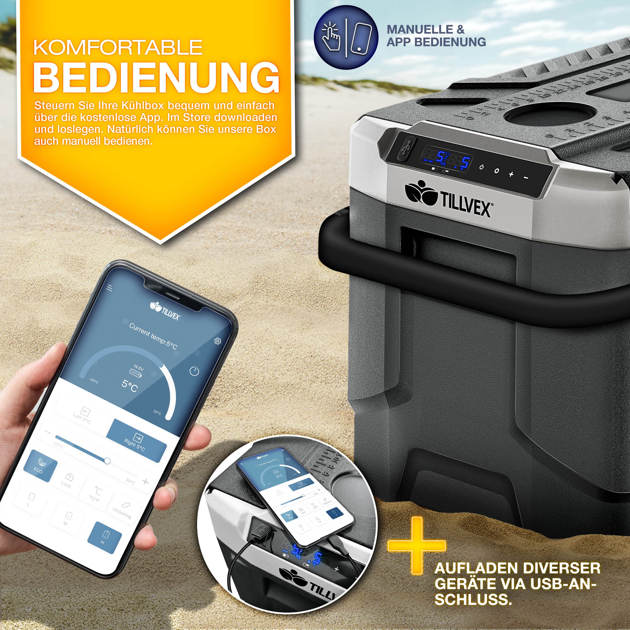 tillvex® elektryczna lodówka kompresorowa, 51 litrów, sterowanie przez aplikację wi-fi, złącze USB 12/24 V 230 V, do -20 °C, do samochodu, ciężarówki, łodzi, kampera, na kemping