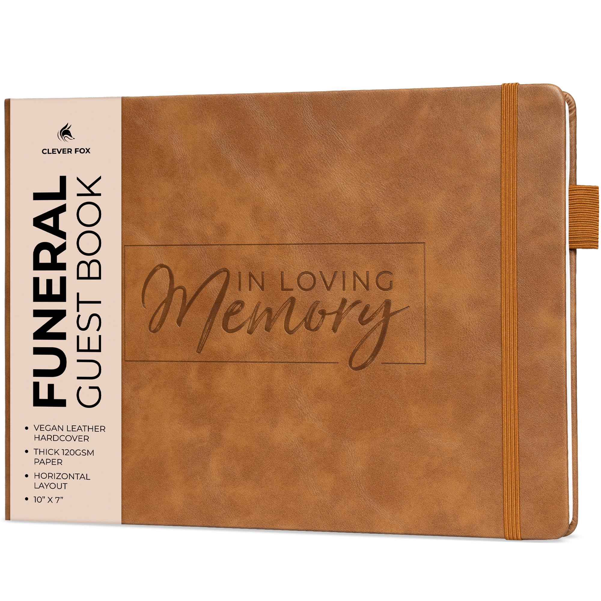 Clever Fox Funeral Guest Book for Memorial Services – in Loving Memory Guest Sign in Book for Funeral Service, Hardcover 10x7” (Brown)