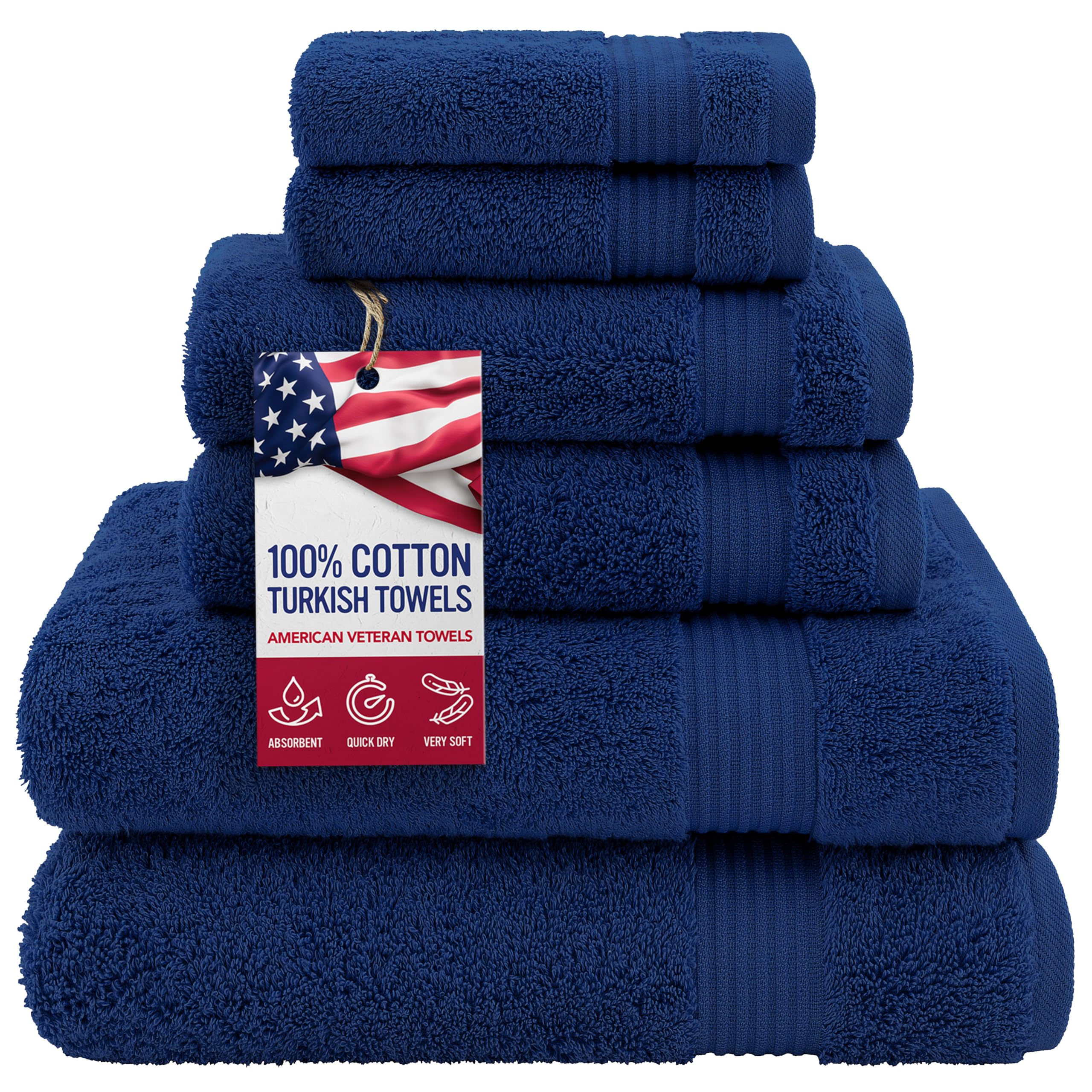 American Veteran 100% Cotton Turkish 6 Piece Luxury Towel Set - 2 Bath, 2 Hand, 2 Washcloths in Navy Blue
