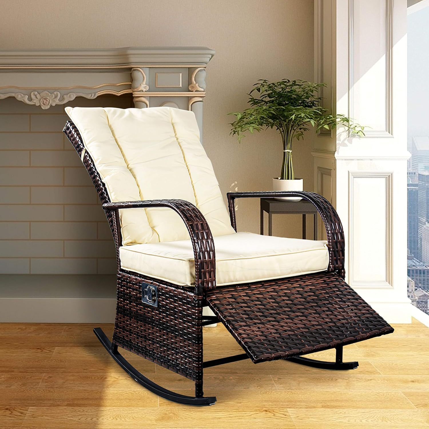 SCYL Color Your Life Indoor & Outdoor PE Wicker Rocking Chair Porch Garden Lawn Deck Auto Adjustable Rattan Reclining Chair Patio Furniture w/Water-Proof Cushion(Beige)