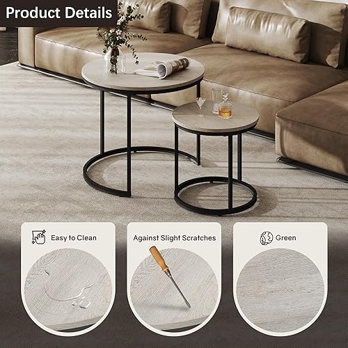 Miniatura 4 de Juego de 2 Mesas Anidadas, Mesa de Café Redonda, Pequeña Mesa de Café Anidada con Patas Ajustables Antideslizantes, Mesas Anidadas con Tapa de Grano