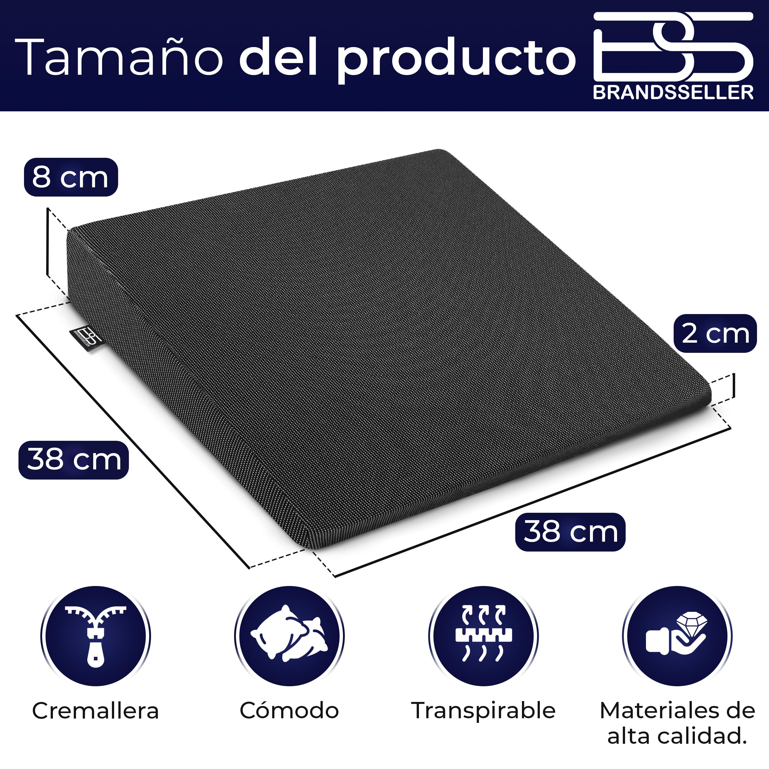 Brandsseller - Cojín en forma de cuña para silla, asiento de coche, silla de oficina (38 x 38 x 8/2 cm), algodón, Negro , 38 cm x 38 x 8/2 cm