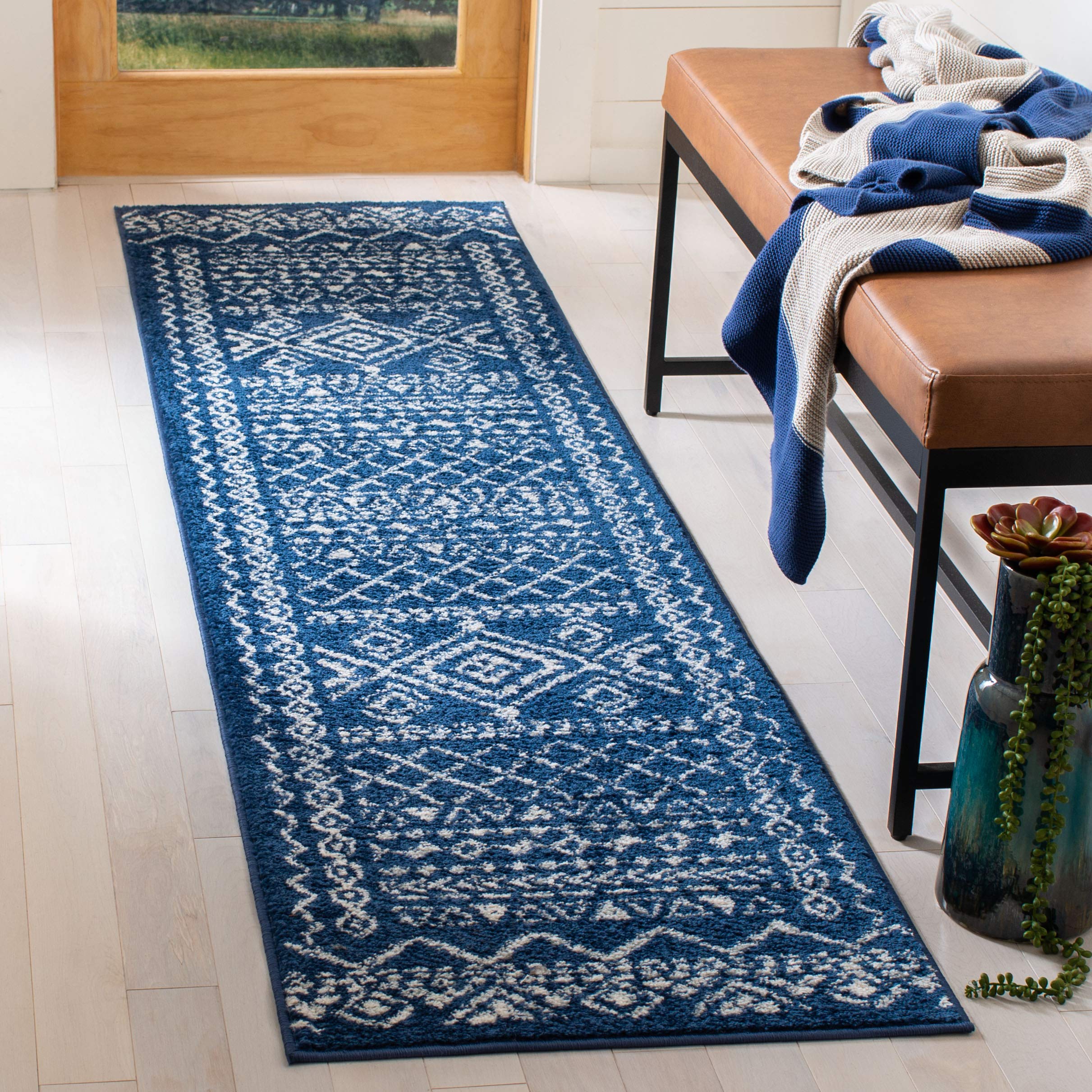 SAFAVIEH Tulum Collection Runner Rug - 2' x 7', Navy & Ivory, Moroccan Boho Distressed Design, Non-Shedding & Easy to Clean, Ideal for Living Room,
