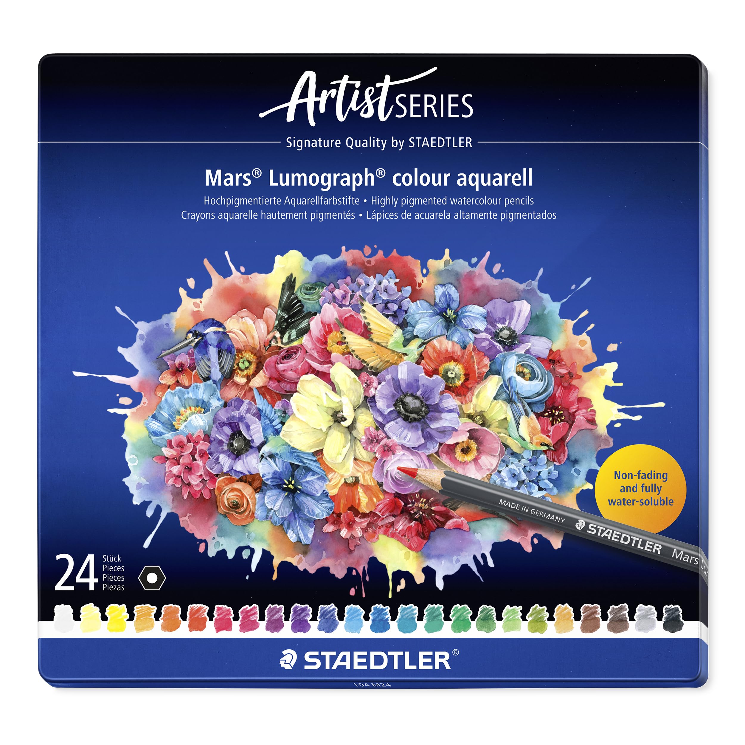 STAEDTLER Set 24 Aquarellfarbstifte wasservermalbar, hochwertige Künstler-Farbstifte, farbintensiv & lichtbeständig und Wasserpinsel mit robuster Nylonspitze
