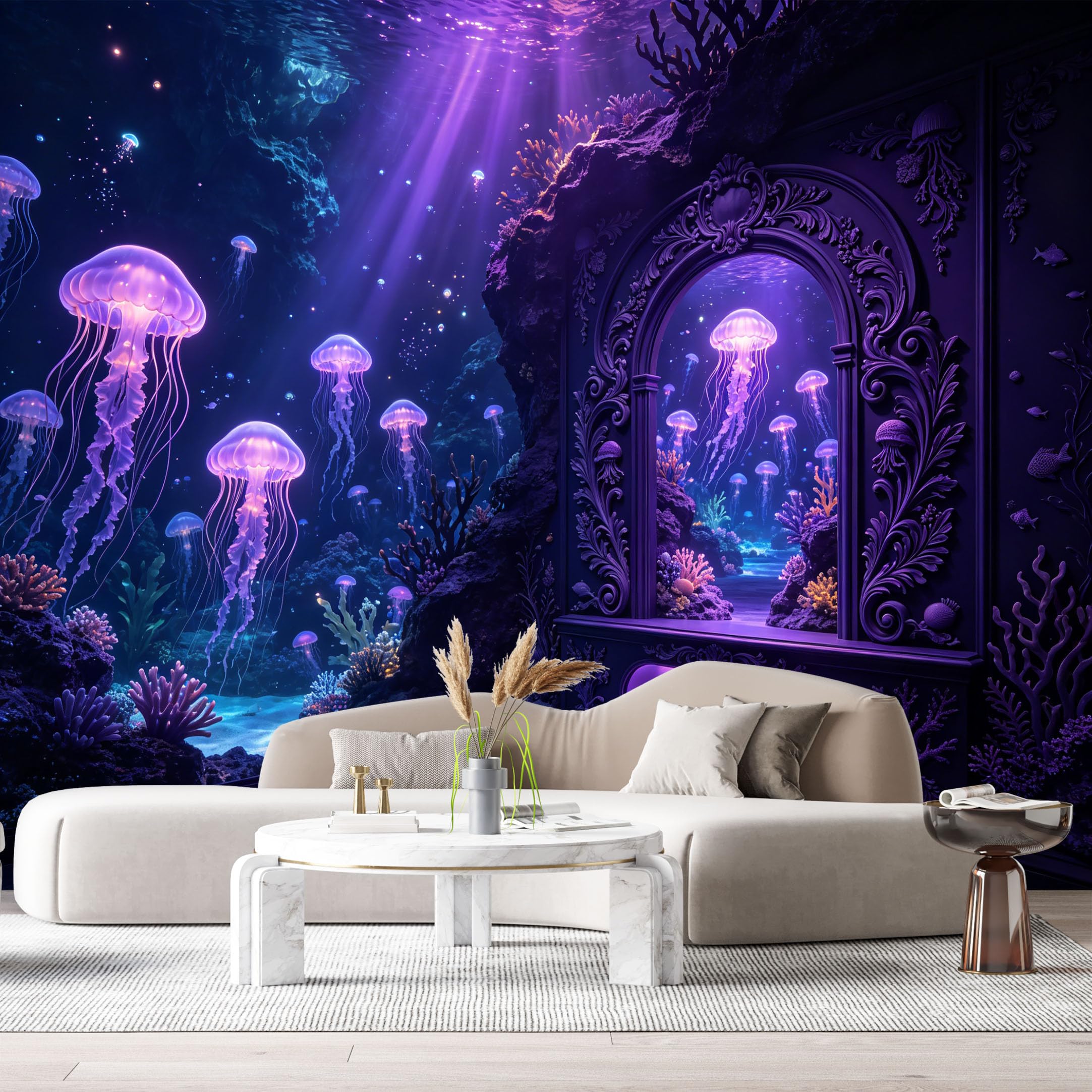 Custom Size Wall Murals Ocean Marine Fantasy Underwater Kingdom Jellyfish Bioluminescence 3D Trompe L'Oeil SelfAdhesiveWall Fabric Removable Wallpaper Wall Decor for Living Room Bedroom