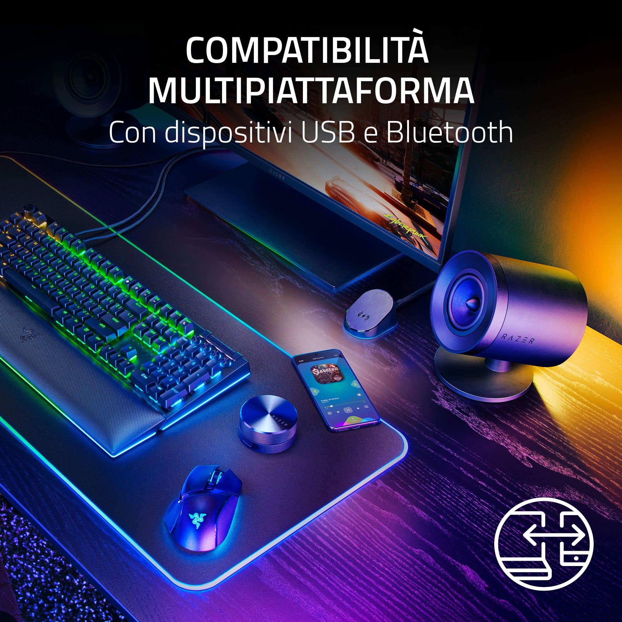 Razer Nommo V2 Pro - Altoparlanti da Gaming per PC 2.1 Full Range con Subwoofer Wireless (Driver Full Range da 3" con Punte di Fase in Alluminio, THX Spatial Audio) Nero